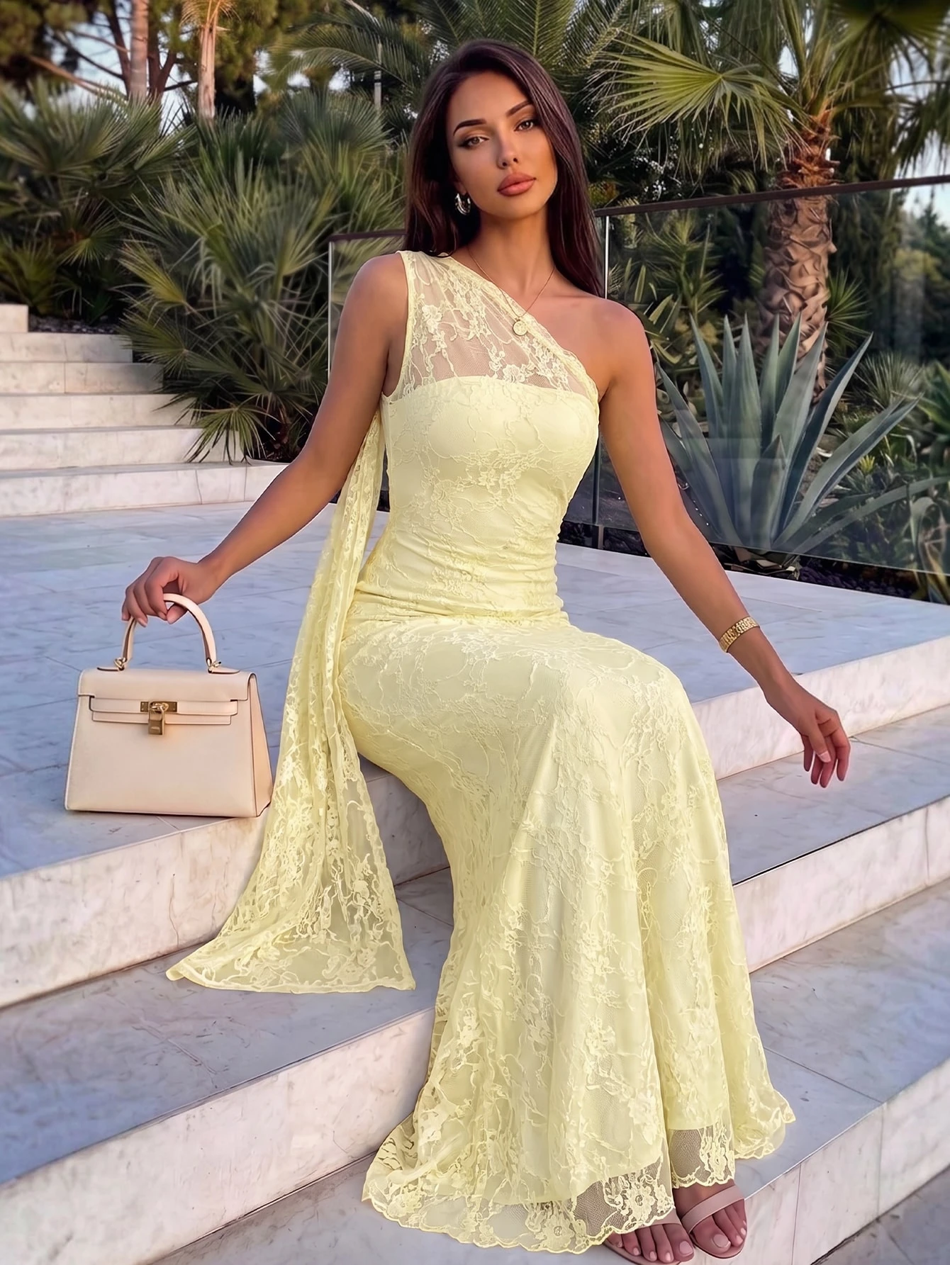 Firerie Robe longue noire asymétrique à l'épaule pour femme, robe élégante d'automne pour — vue 9