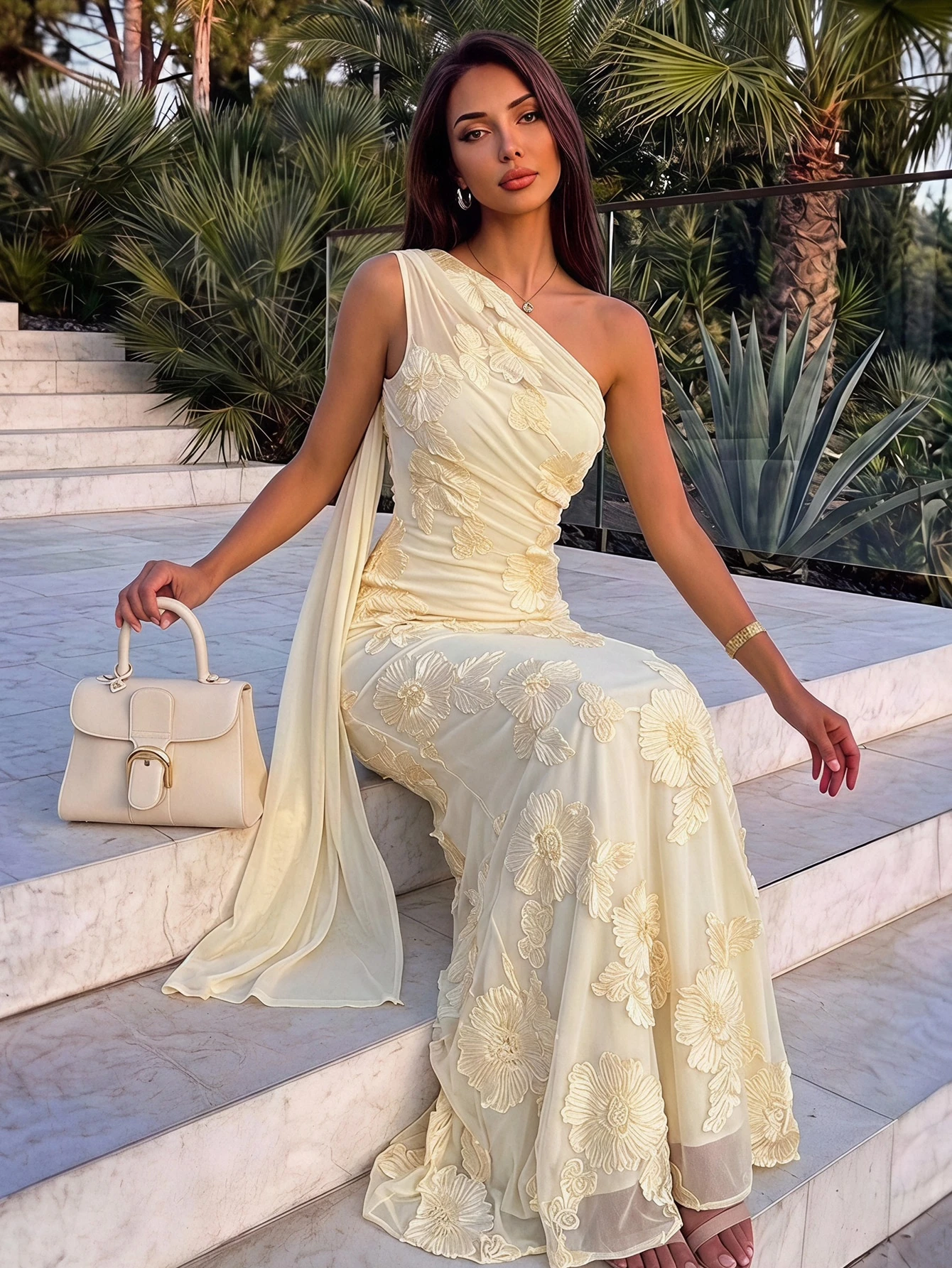 Firerie Robe longue noire asymétrique à l'épaule pour femme, robe élégante d'automne pour — vue 10