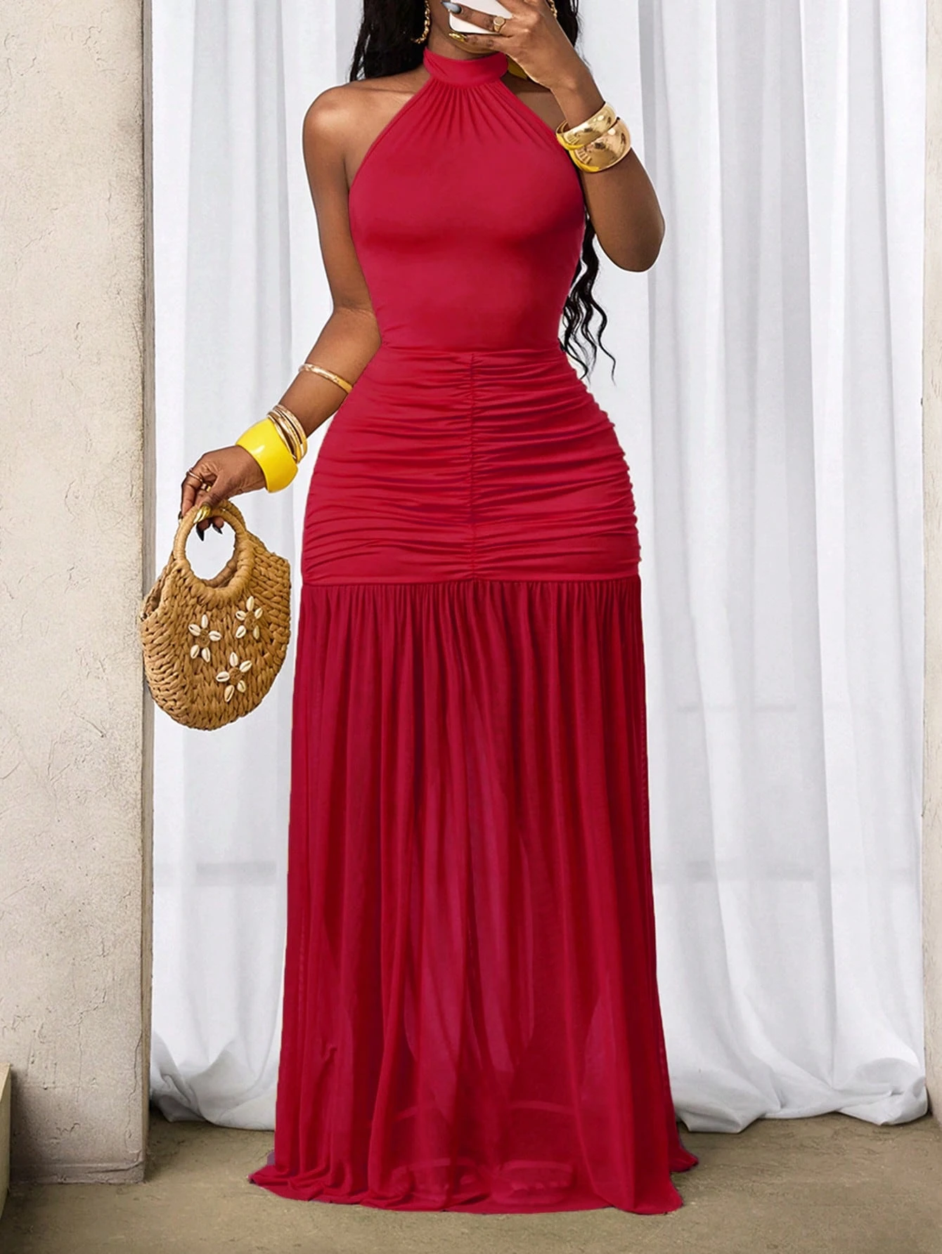 BamGleam Robe d'été tropicale jaune pour femmes, couleur unie, plissée, col licou, — vue 8