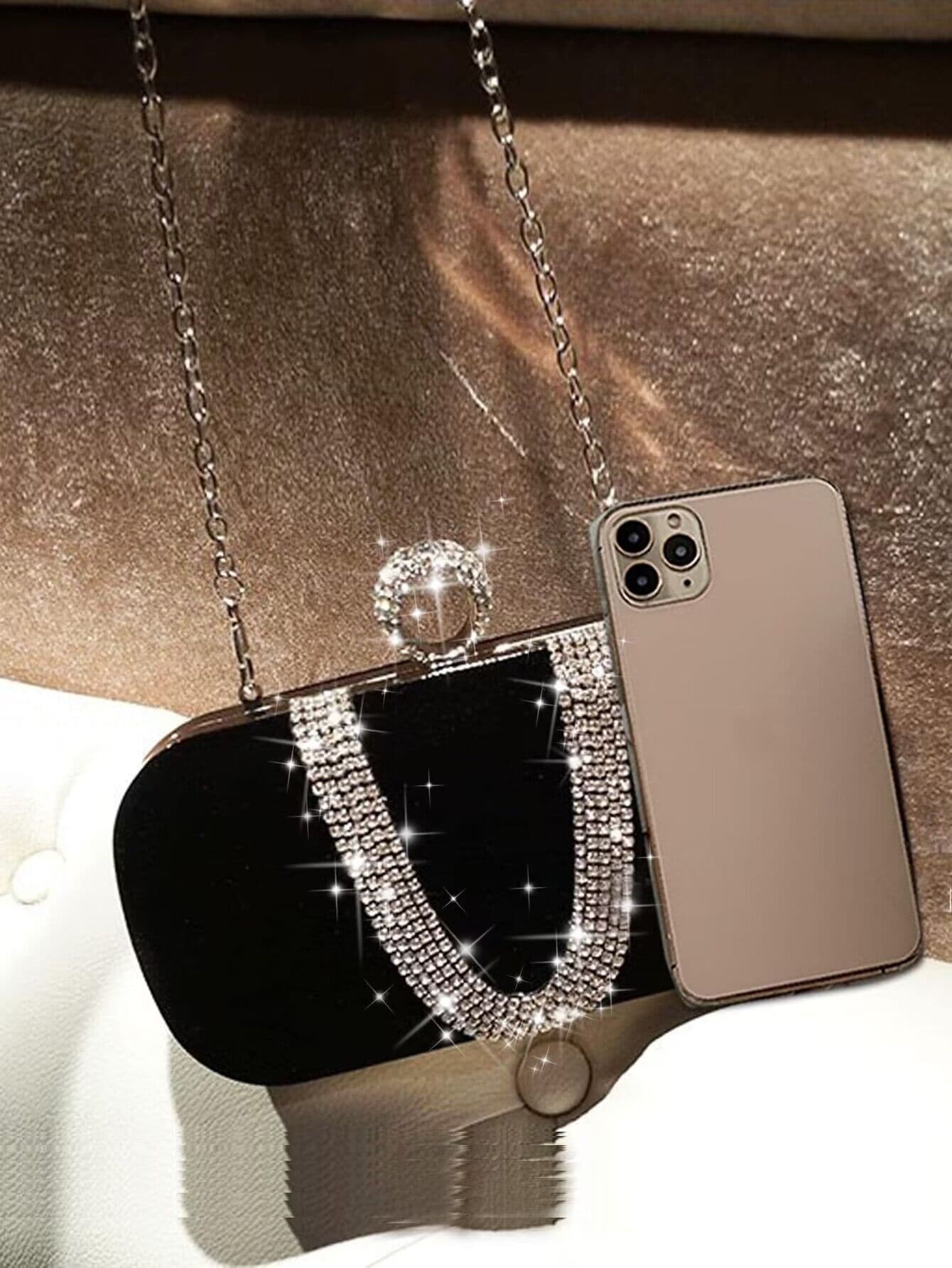 Mini Sac À Main De Soirée Glamour Pour Femmes, Embellissement De Strass Avec Poignée En — vue 3