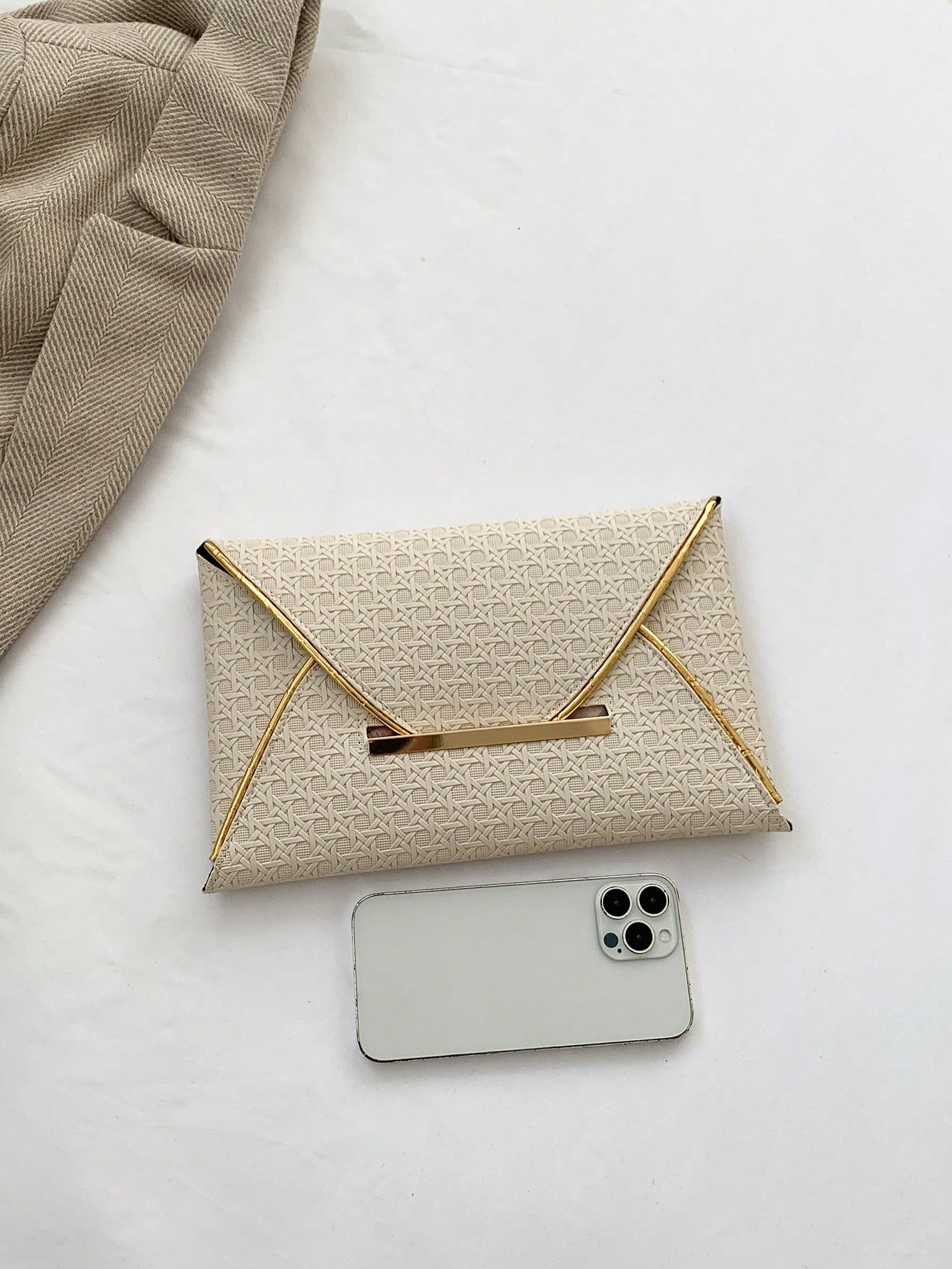 Portefeuille pochette enveloppe femme de texture tressée carrée en PU de couleur unie, — vue 6