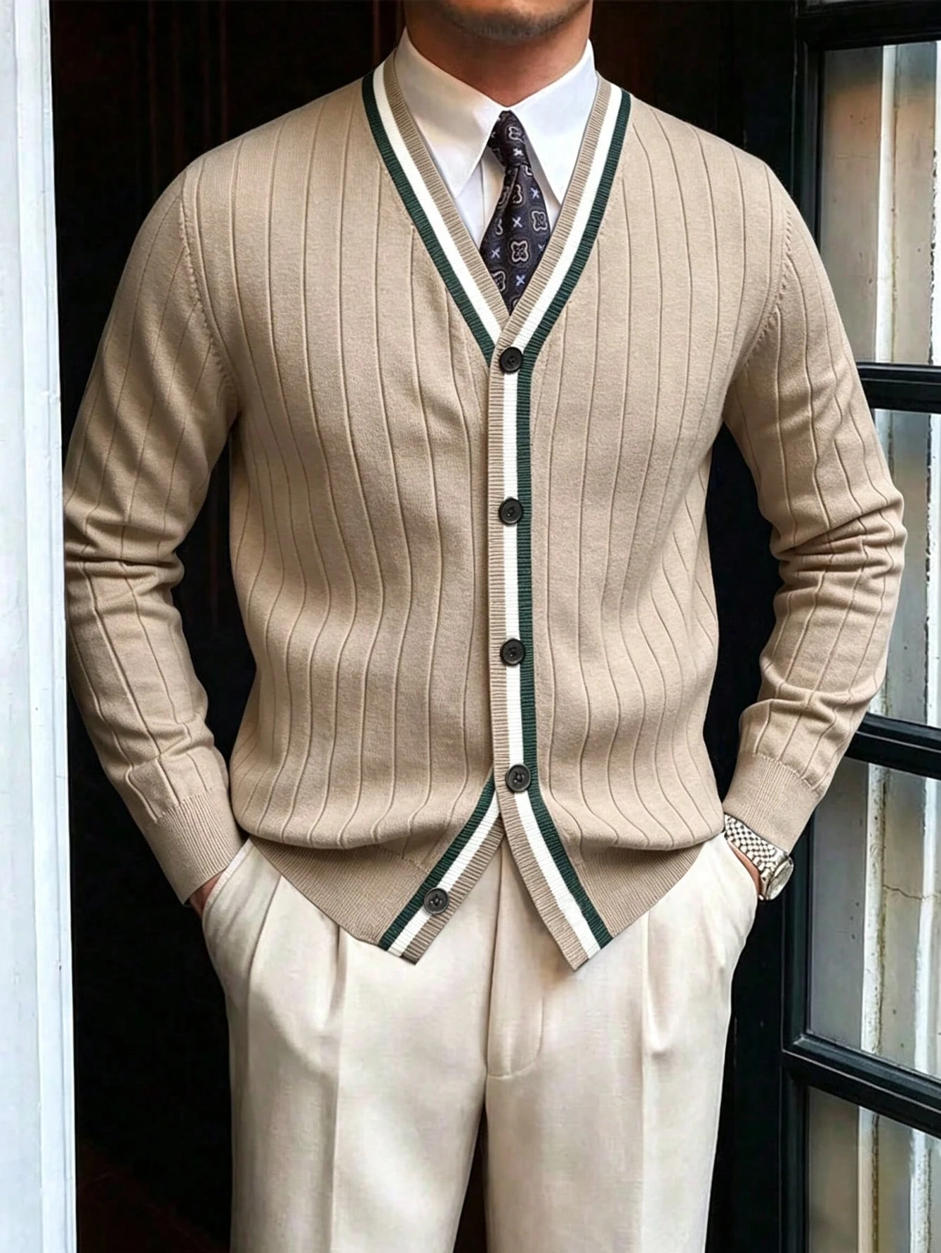 Cardigan à manches longues vintage à motif de pièce de monnaie pour hommes, convient pour — vue 4