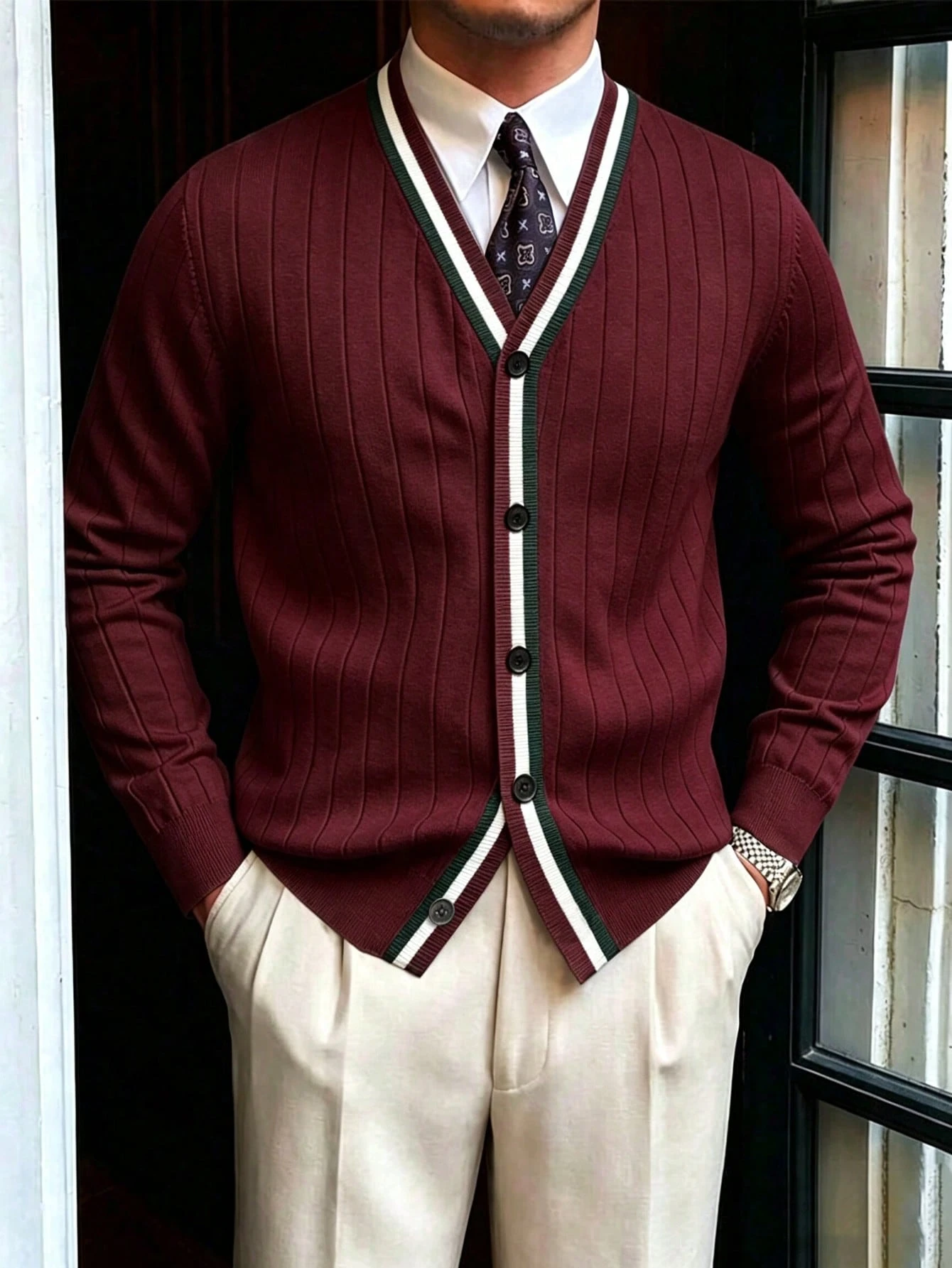 Cardigan à manches longues vintage à motif de pièce de monnaie pour hommes, convient pour — vue 3