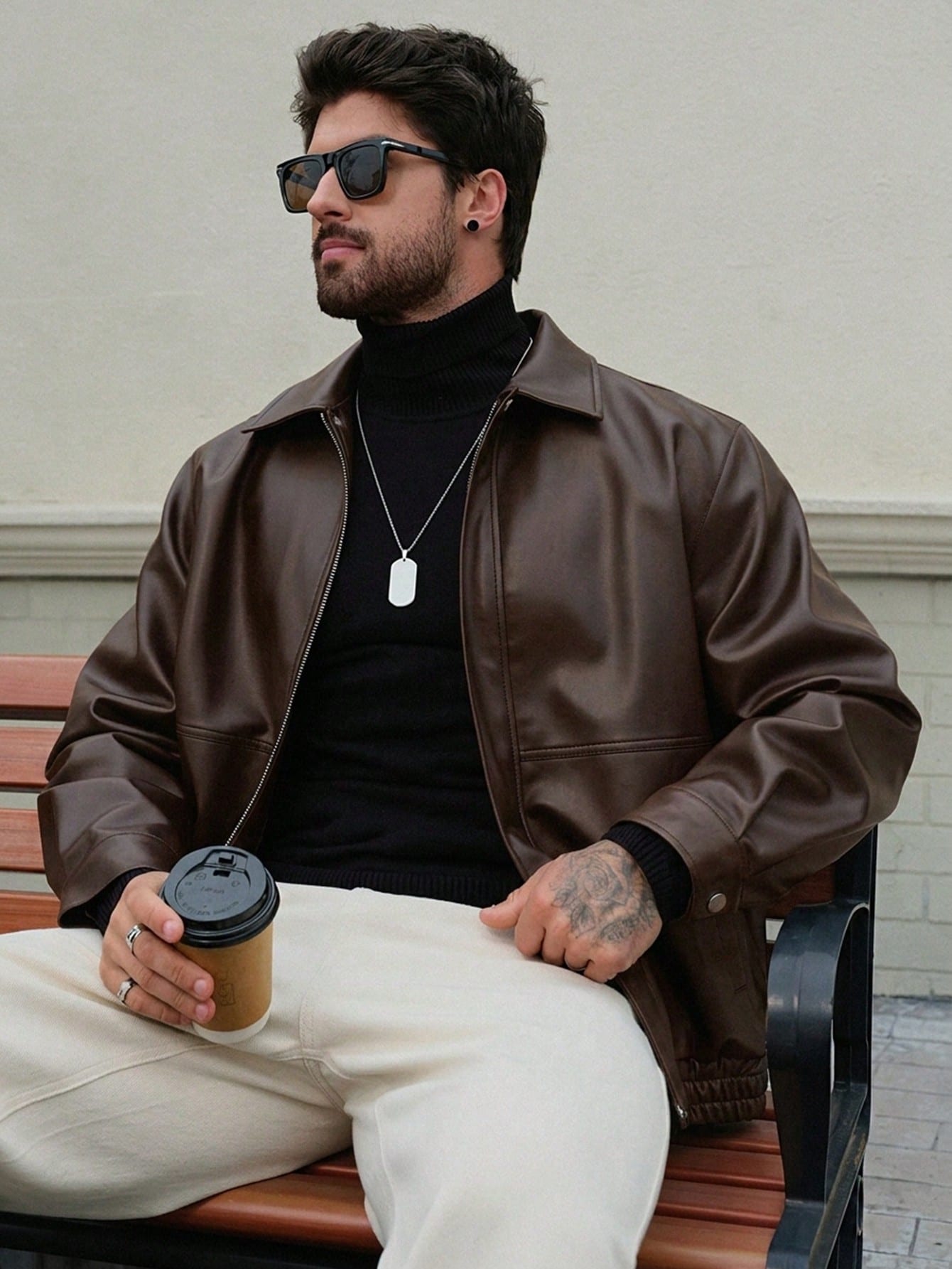 DAZY Veste en cuir PU marron châtaigne épaisse et ample pour hommes, automne/hiver