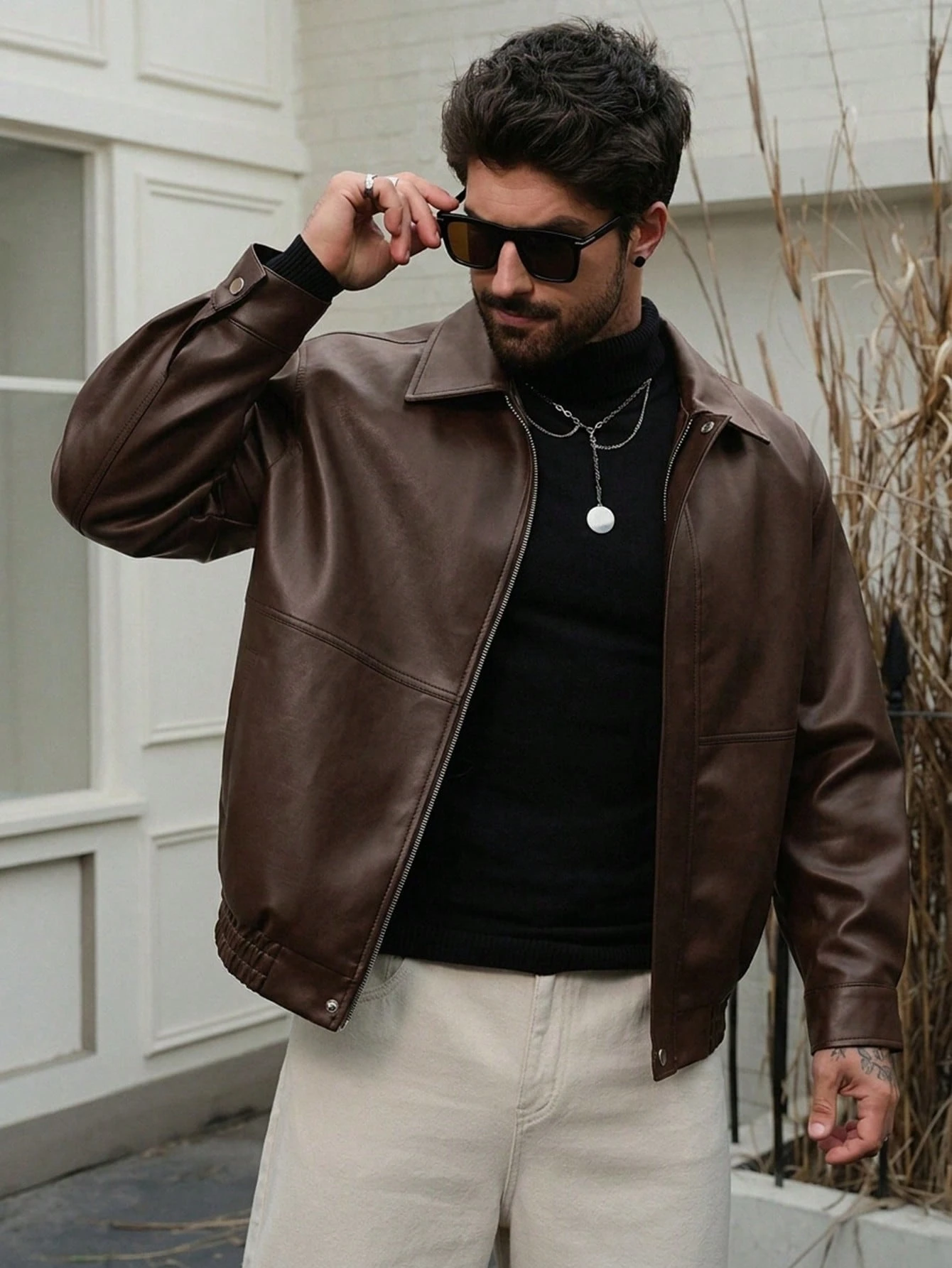 DAZY Veste en cuir PU marron châtaigne épaisse et ample pour hommes, automne/hiver — vue 9