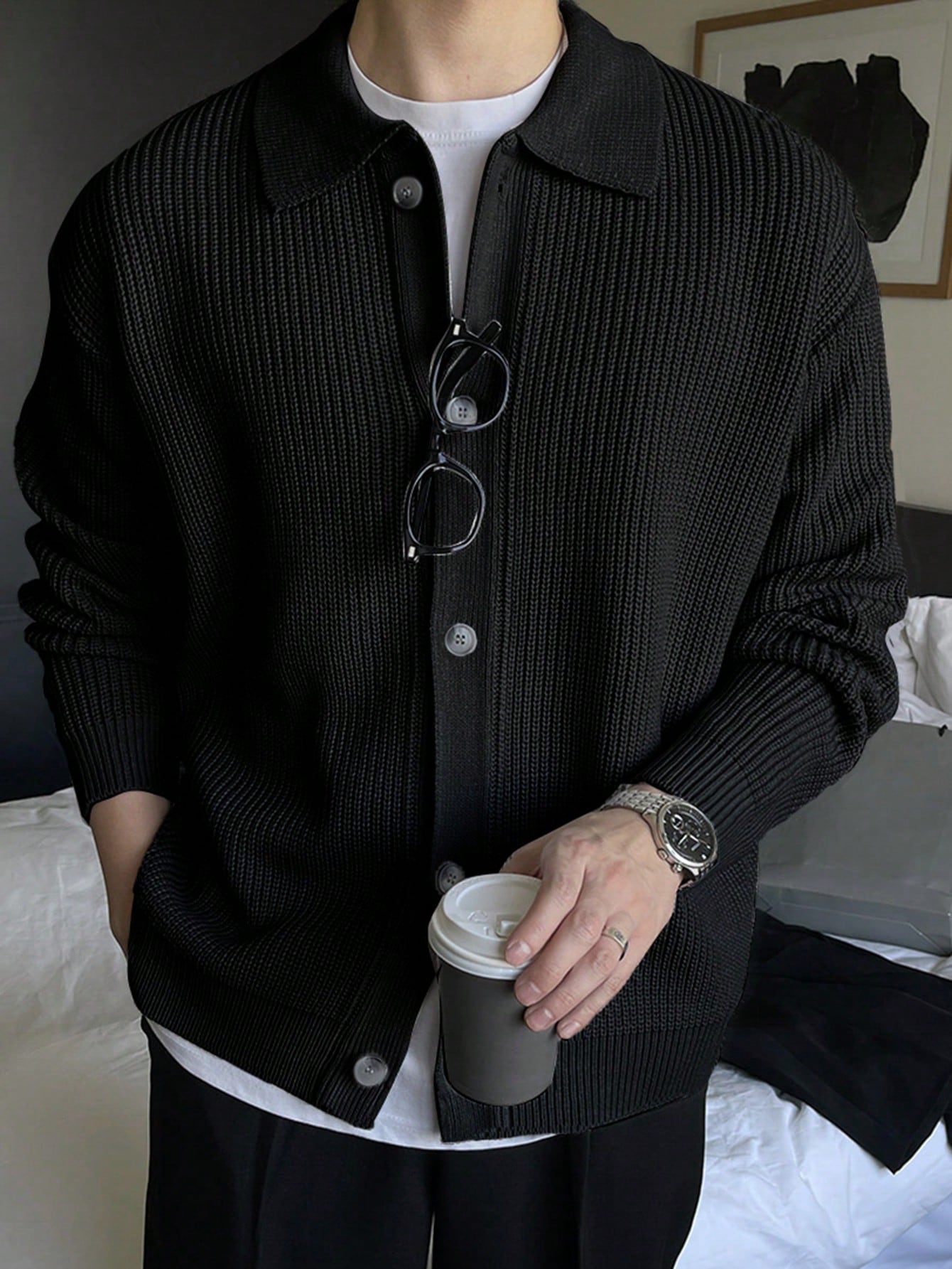 DAZY Veste cardigan à col boutonné pour hommes, automne/hiver