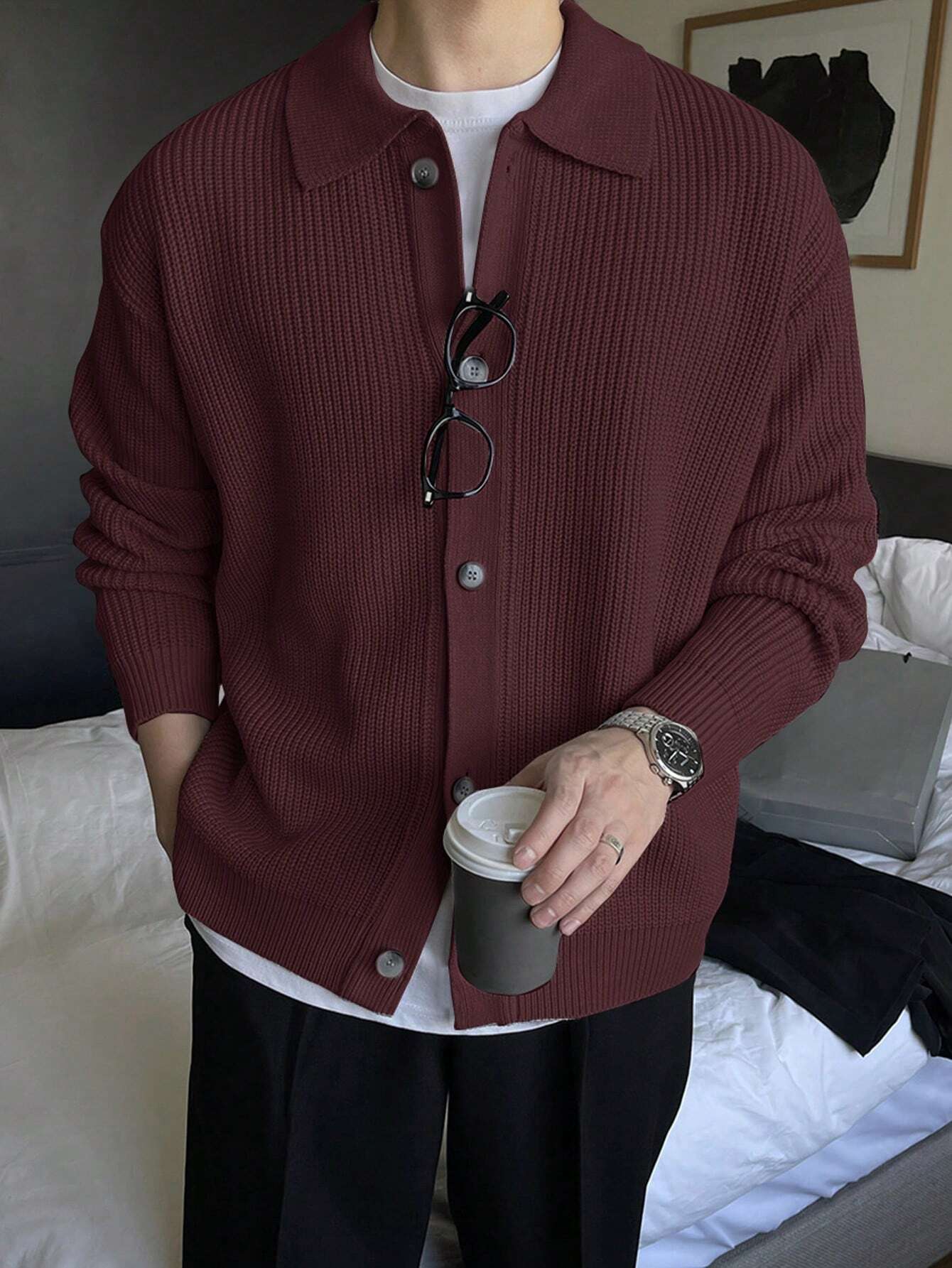 DAZY Veste cardigan à col boutonné pour hommes, automne/hiver — vue 4