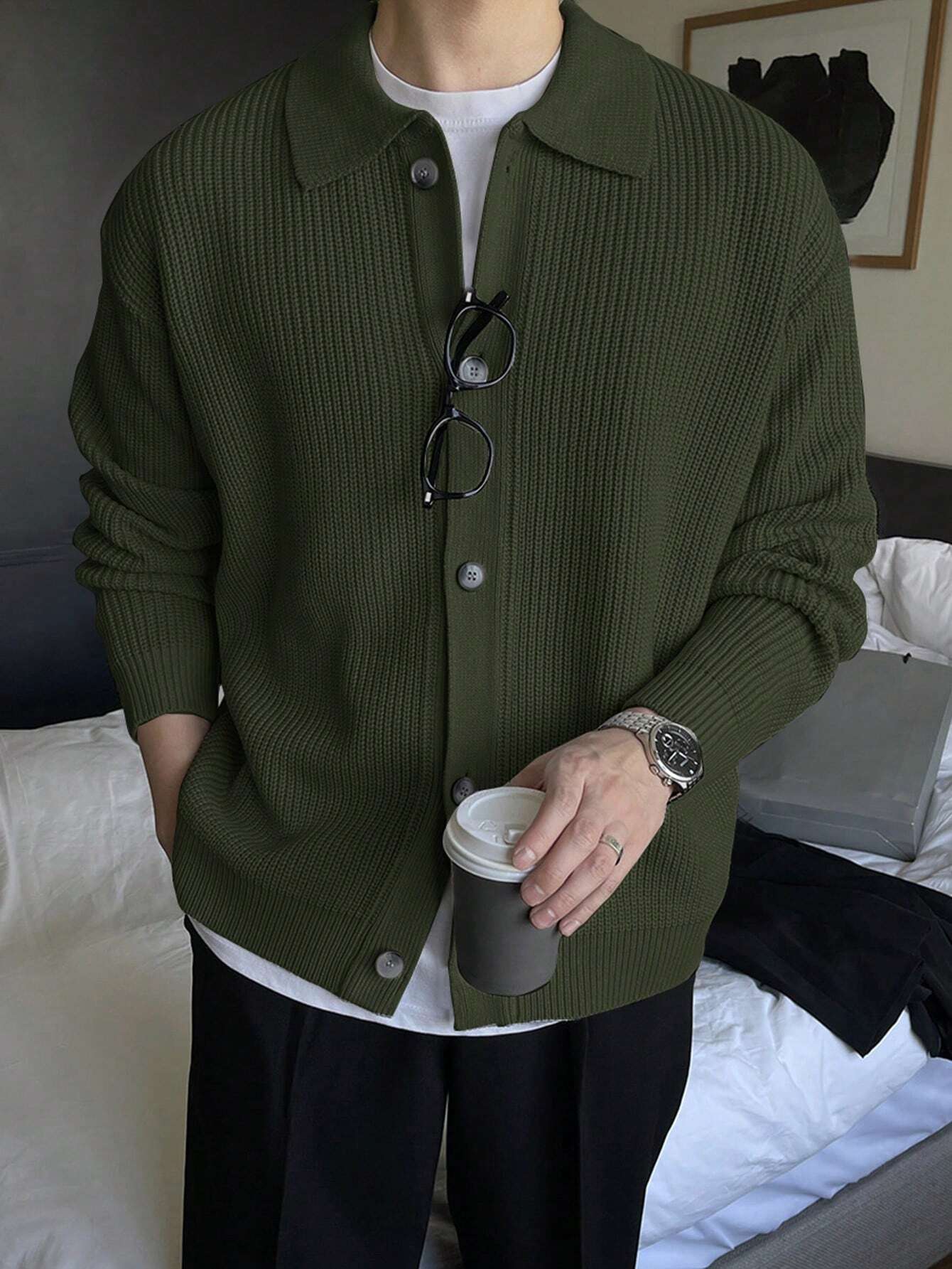DAZY Veste cardigan à col boutonné pour hommes, automne/hiver — vue 3