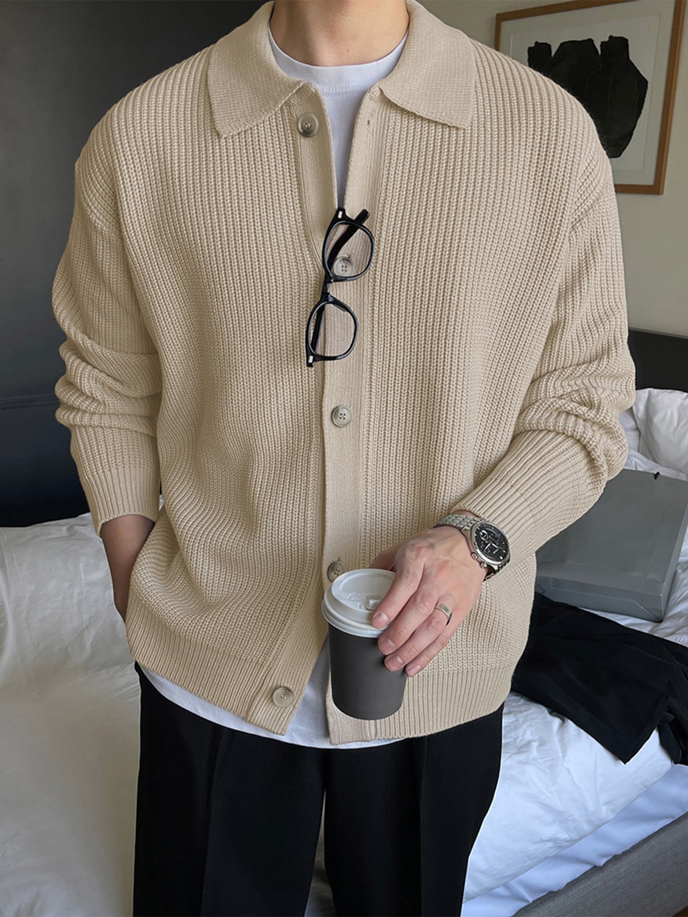 DAZY Veste cardigan à col boutonné pour hommes, automne/hiver — vue 2