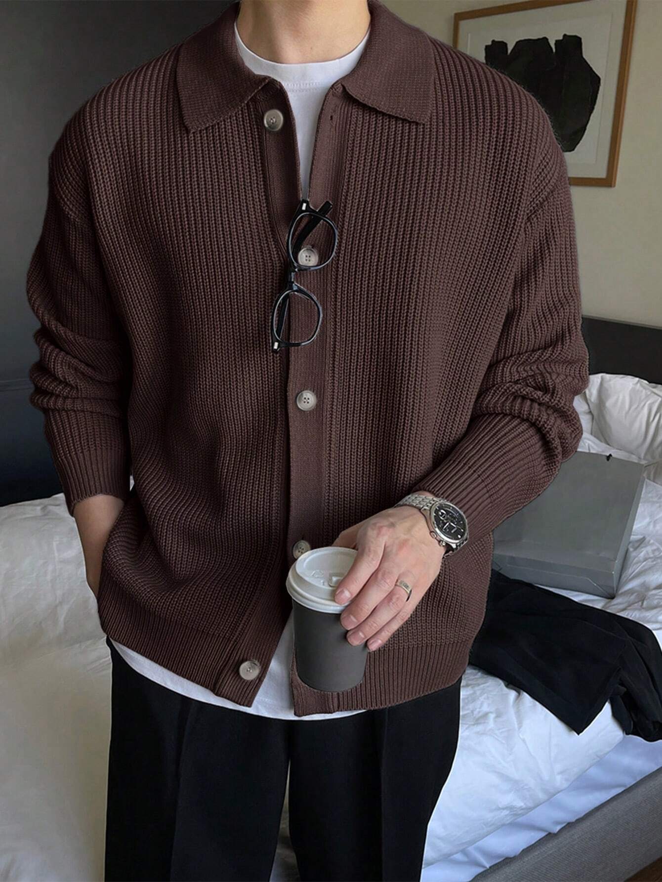 DAZY Veste cardigan à col boutonné pour hommes, automne/hiver — vue 6