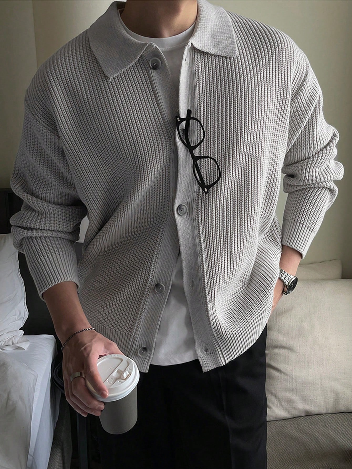 DAZY Veste cardigan à col boutonné pour hommes, automne/hiver — vue 14