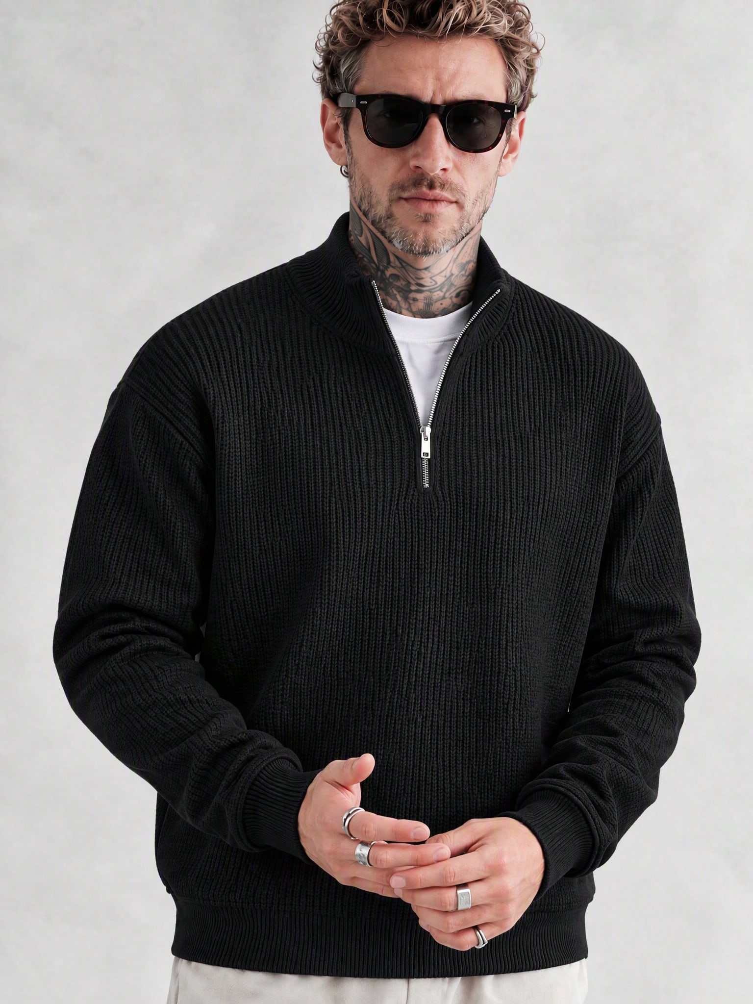 Pull polo homme à col montant et demi-zip, maille côtelée épaisse, noir, manches longues — vue 4