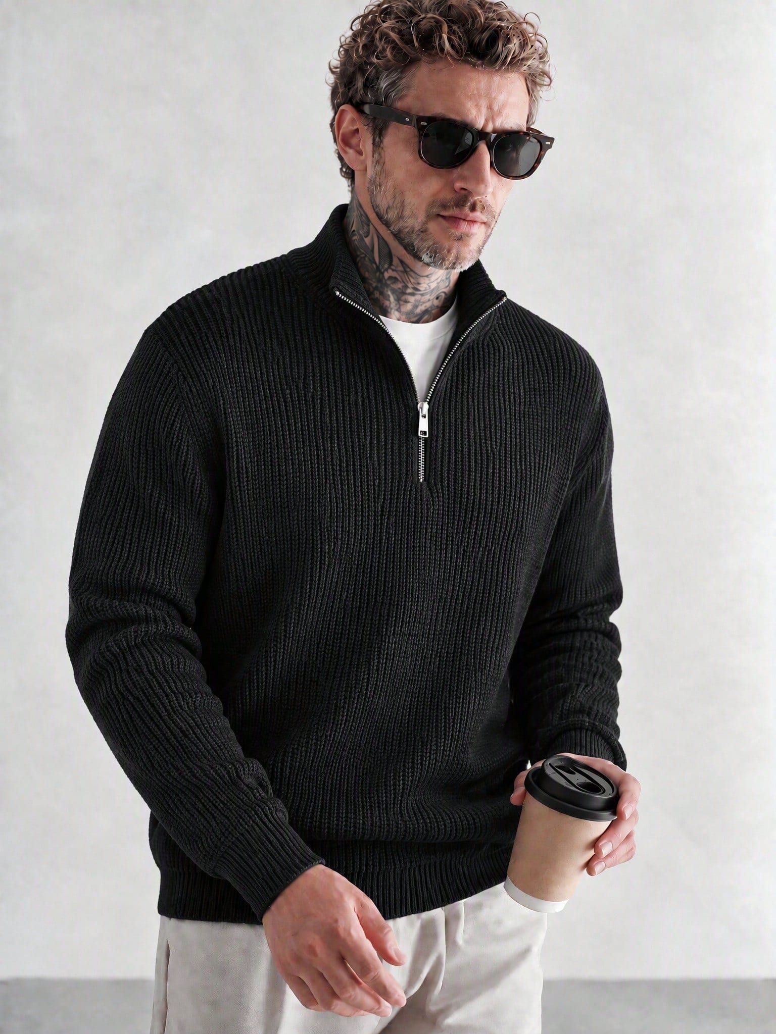 Pull polo homme à col montant et demi-zip, maille côtelée épaisse, noir, manches longues