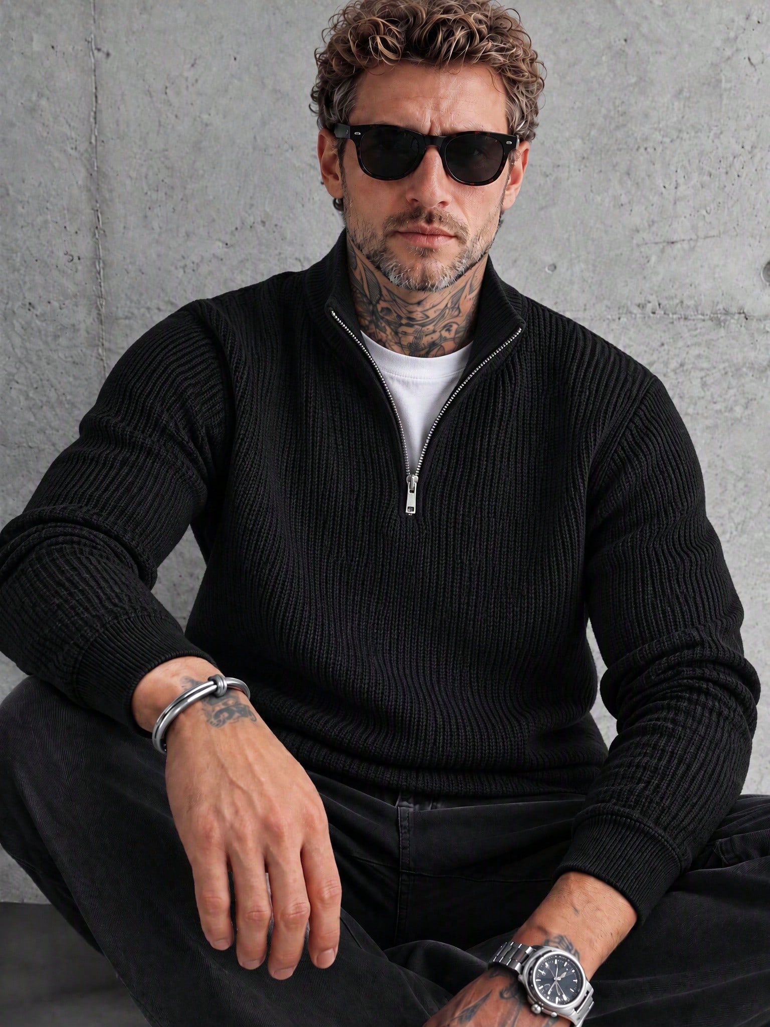Pull polo homme à col montant et demi-zip, maille côtelée épaisse, noir, manches longues — vue 2