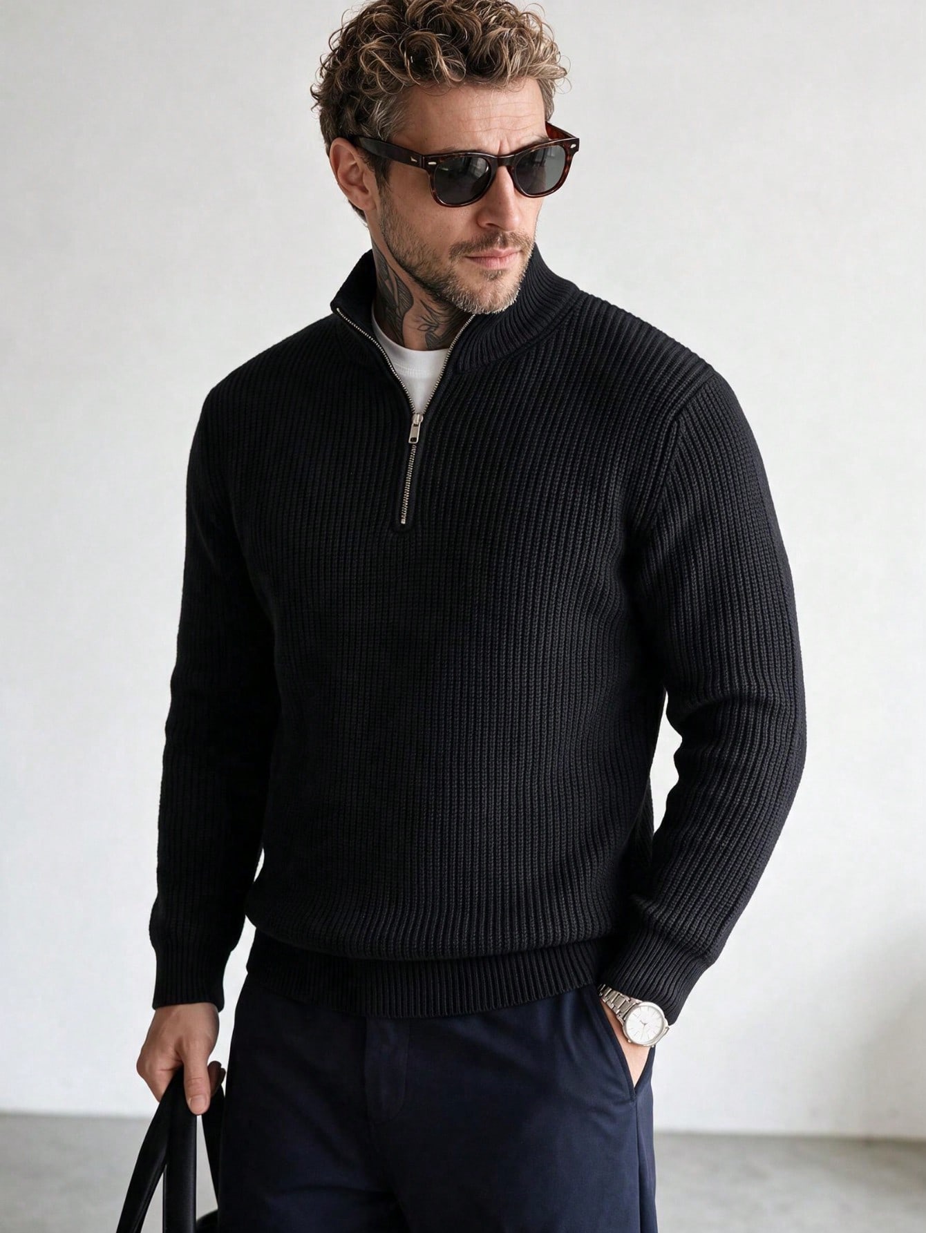 Pull polo homme à col montant et demi-zip, maille côtelée épaisse, noir, manches longues — vue 5