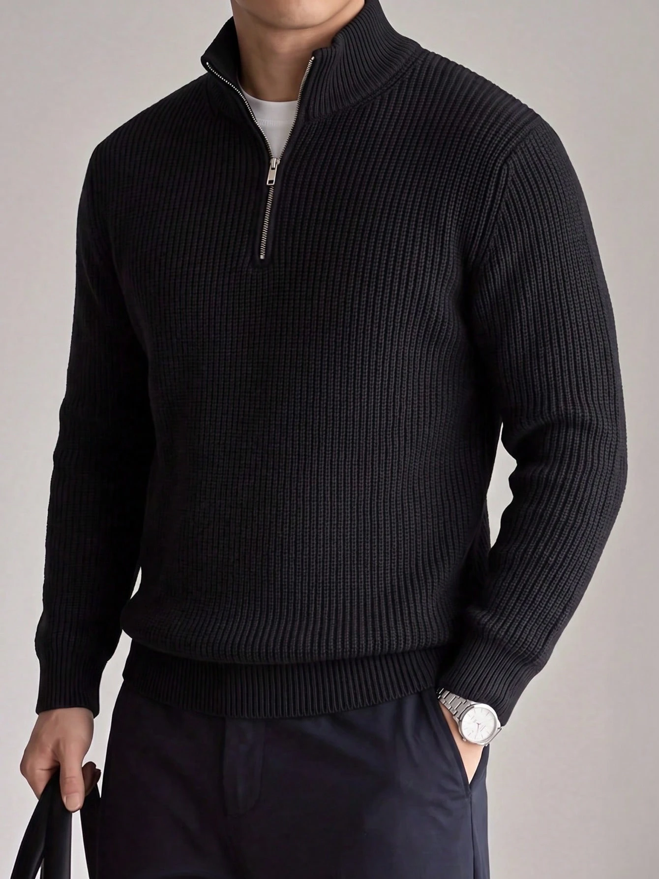 Pull polo homme à col montant et demi-zip, maille côtelée épaisse, noir, manches longues — vue 6