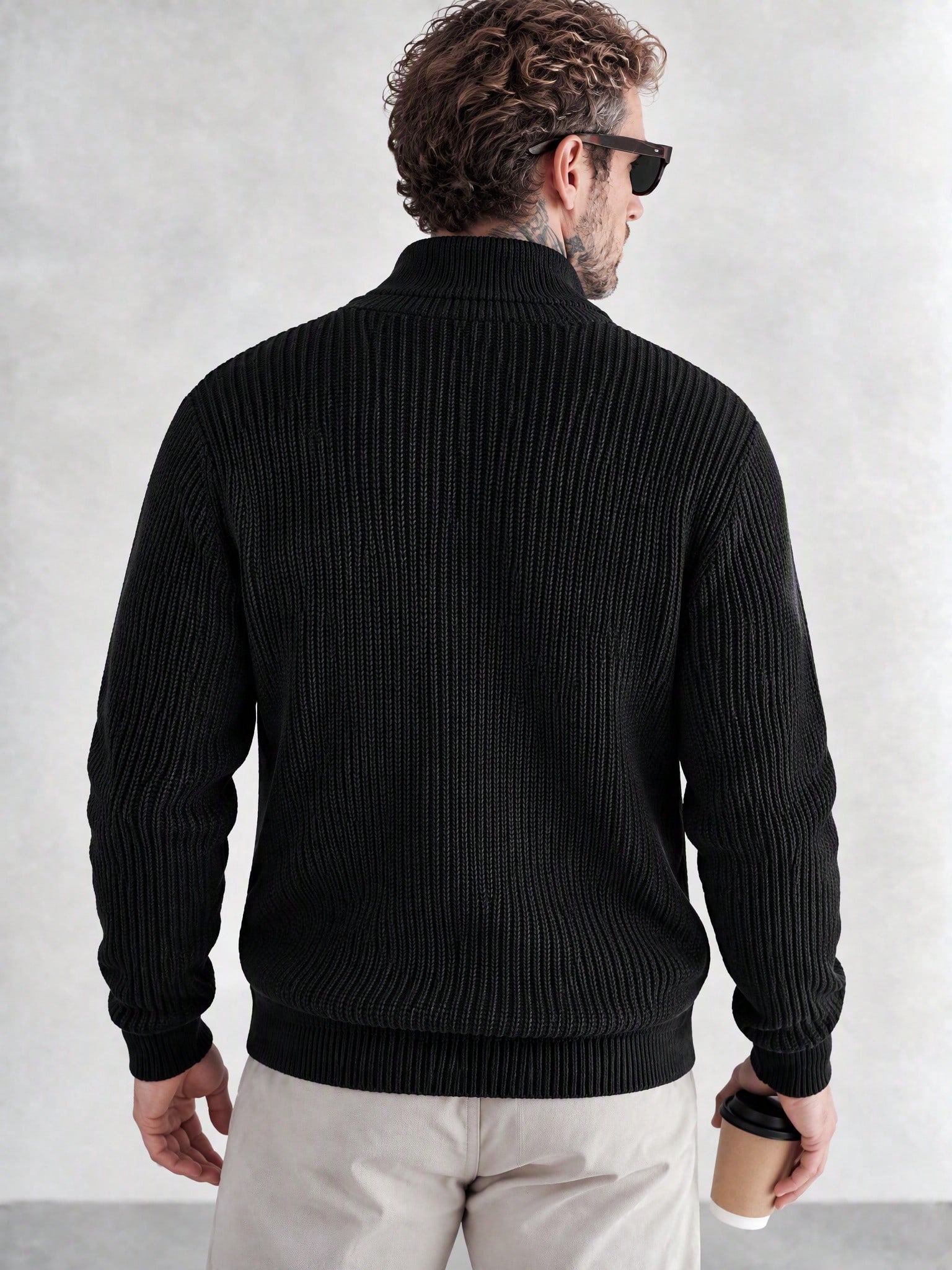 Pull polo homme à col montant et demi-zip, maille côtelée épaisse, noir, manches longues — vue 7