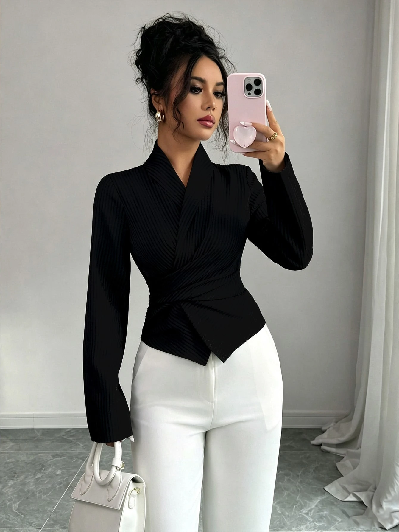 Elenzga Top chemise pour femme avec ceinture nouée, col croisé et manches évasées, — vue 2