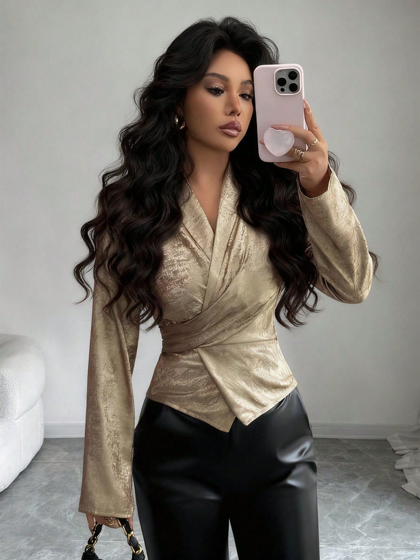 Elenzga Top chemise pour femme avec ceinture nouée, col croisé et manches évasées,