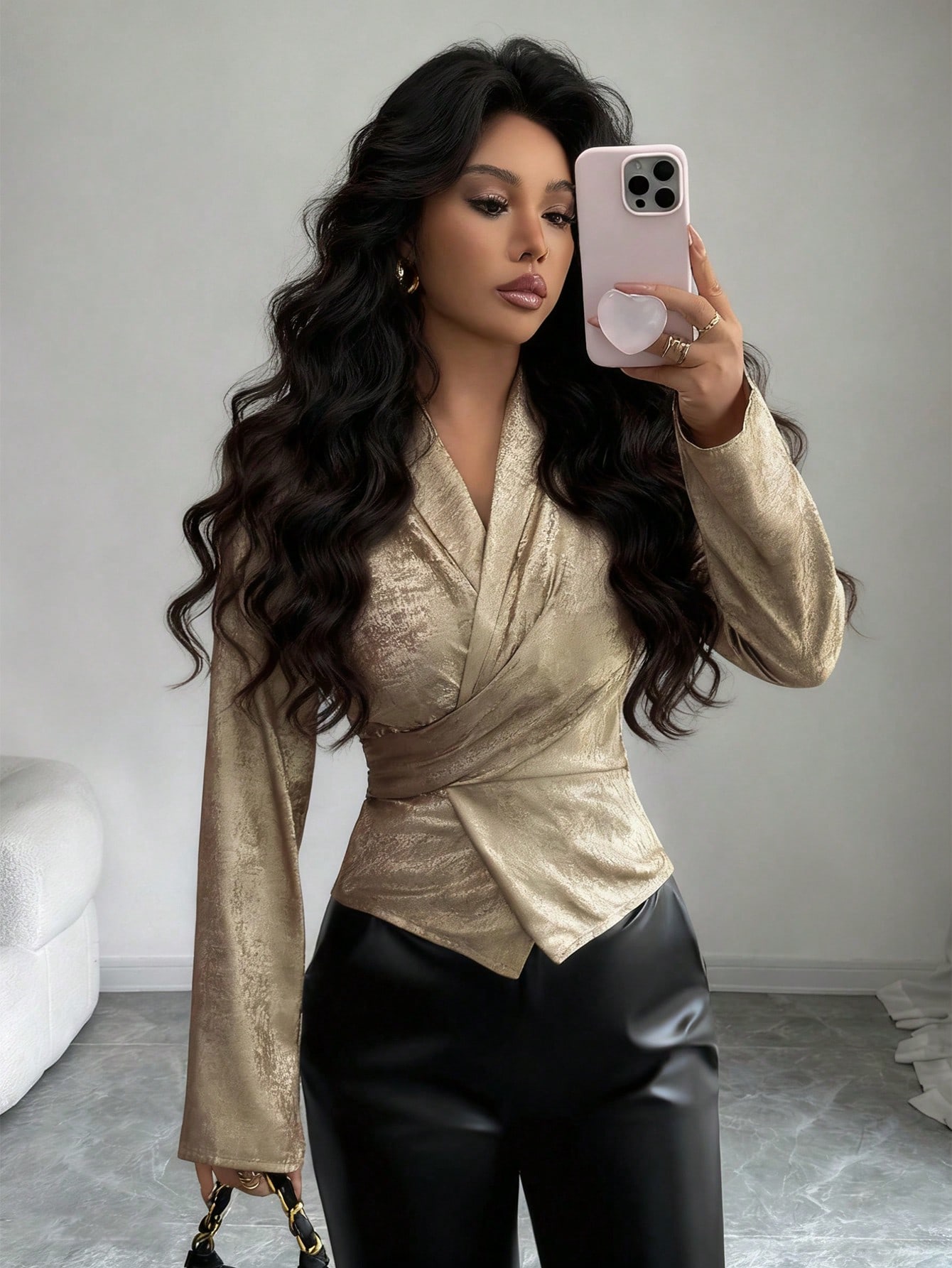 Elenzga Top chemise pour femme avec ceinture nouée, col croisé et manches évasées,