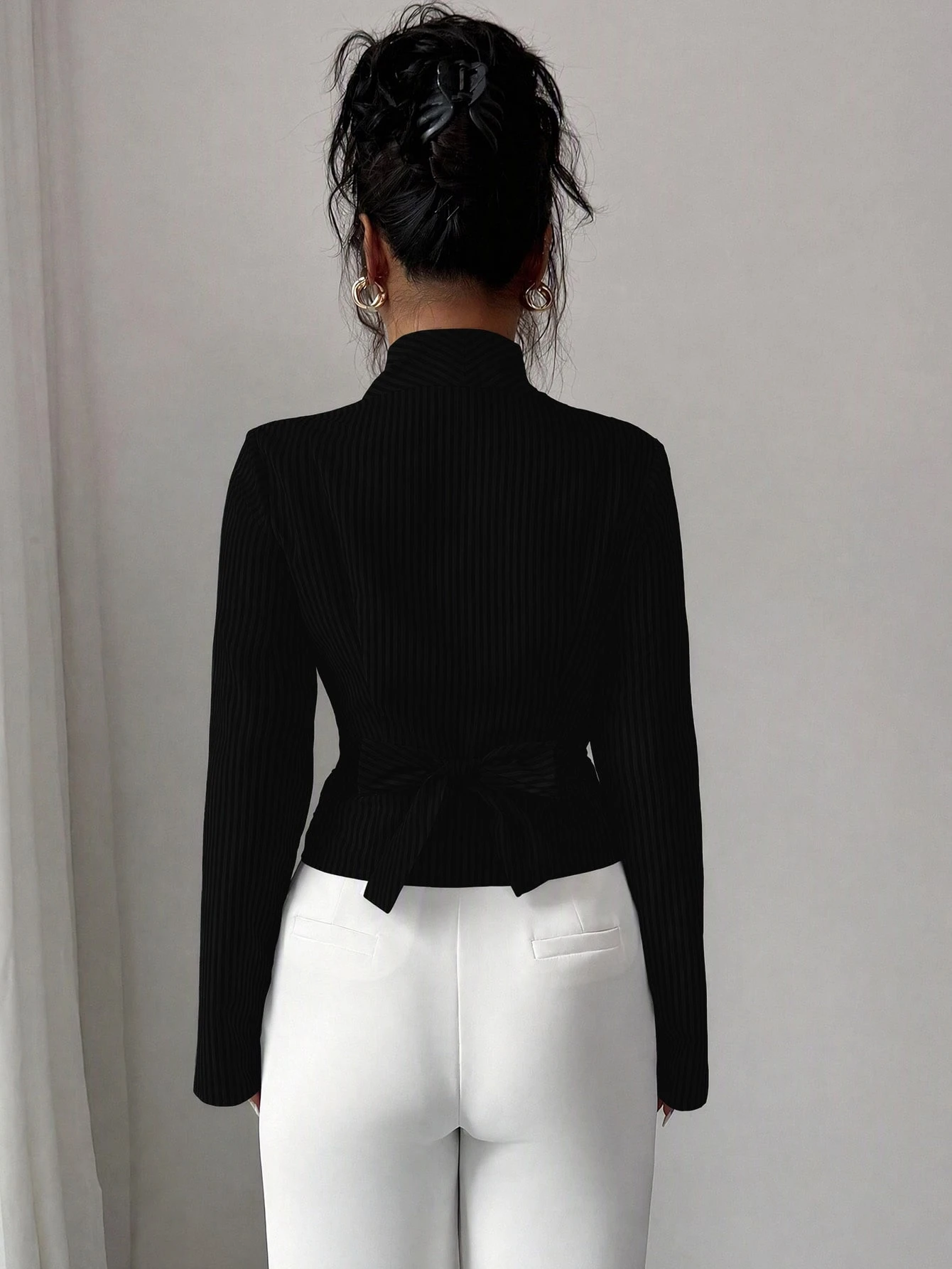 Elenzga Top chemise pour femme avec ceinture nouée, col croisé et manches évasées, — vue 5