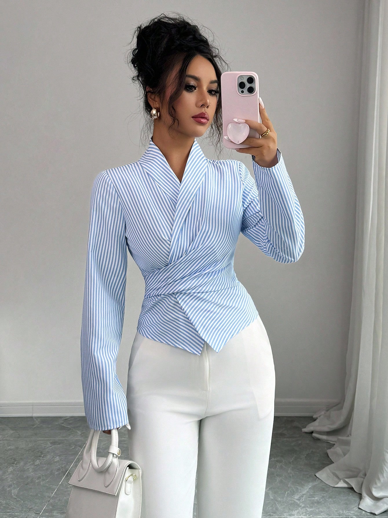 Elenzga Top chemise pour femme avec ceinture nouée, col croisé et manches évasées, — vue 3