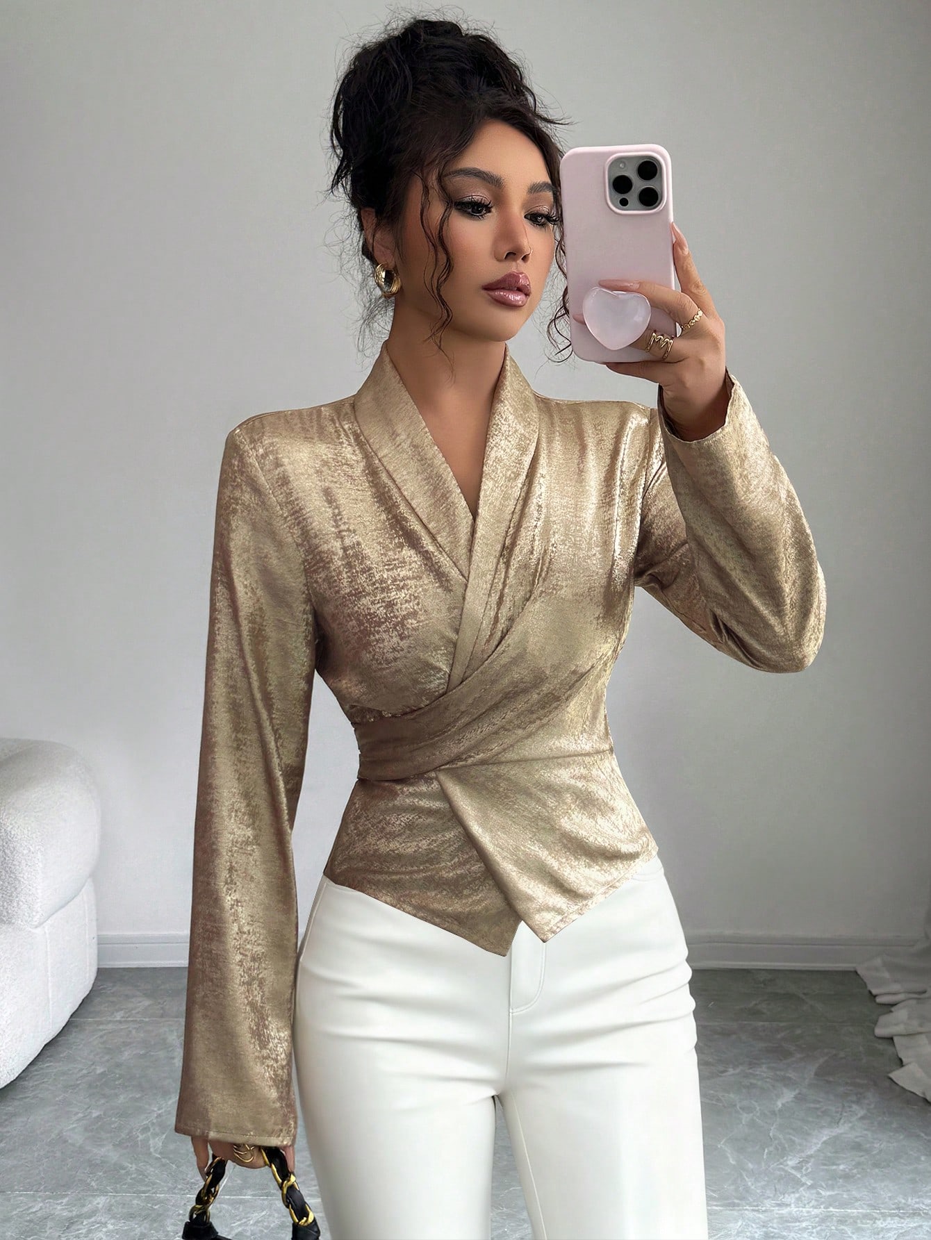 Elenzga Top chemise pour femme avec ceinture nouée, col croisé et manches évasées, — vue 10