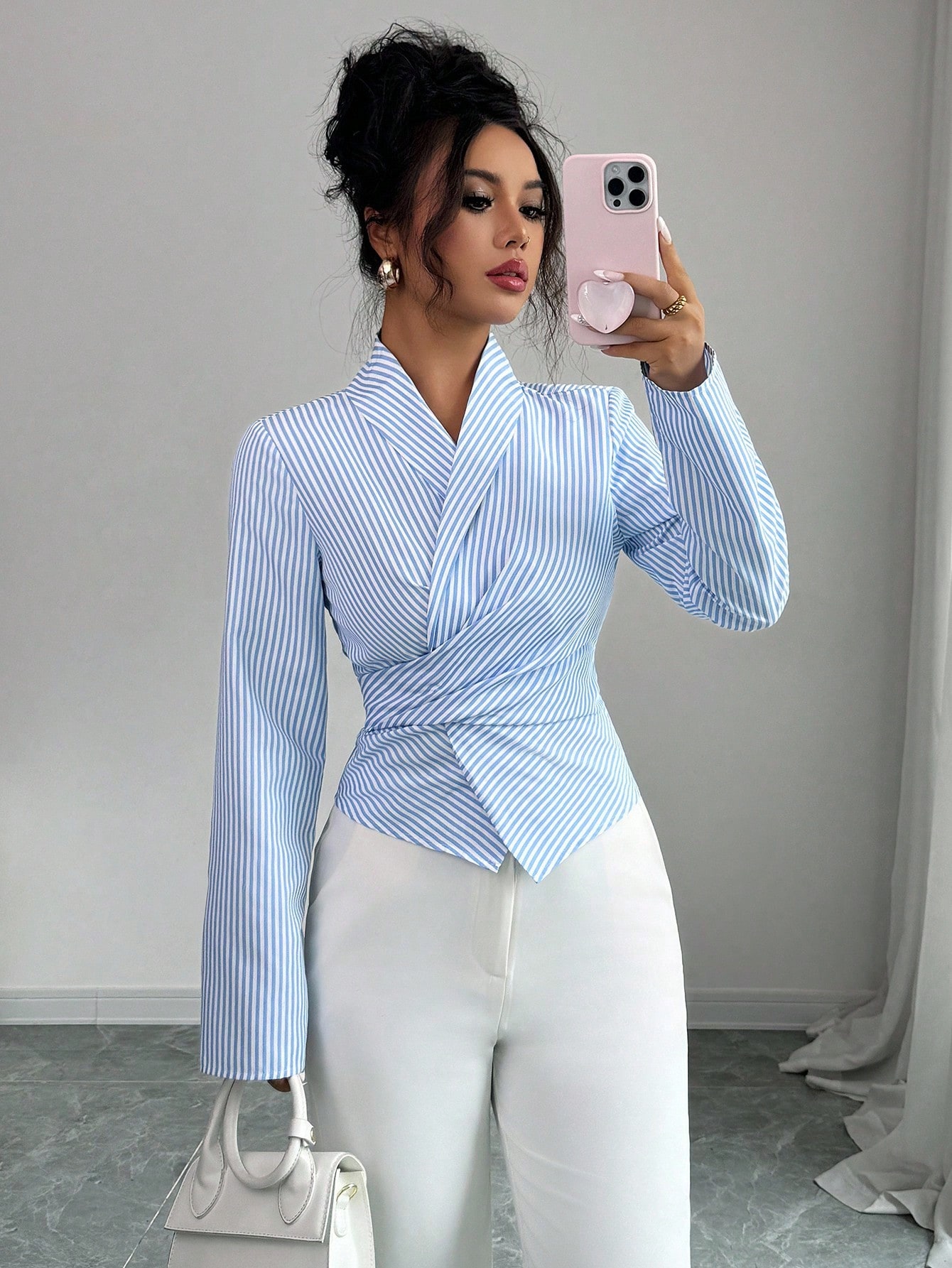 Elenzga Top chemise pour femme avec ceinture nouée, col croisé et manches évasées, — vue 12