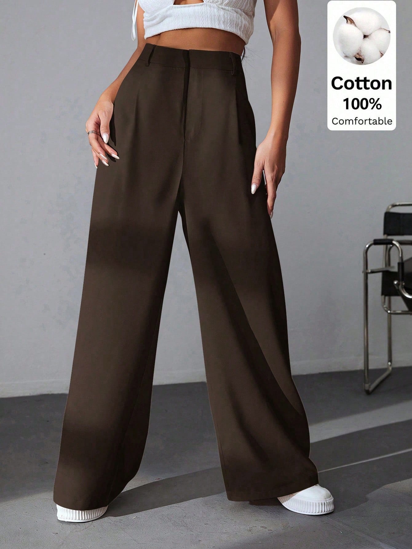 EZwear Pantalon Kaki Uni À Jambe Large — vue 6