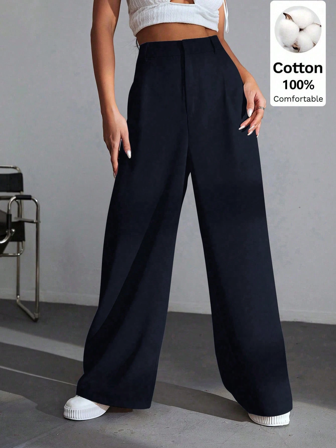 EZwear Pantalon Kaki Uni À Jambe Large — vue 5