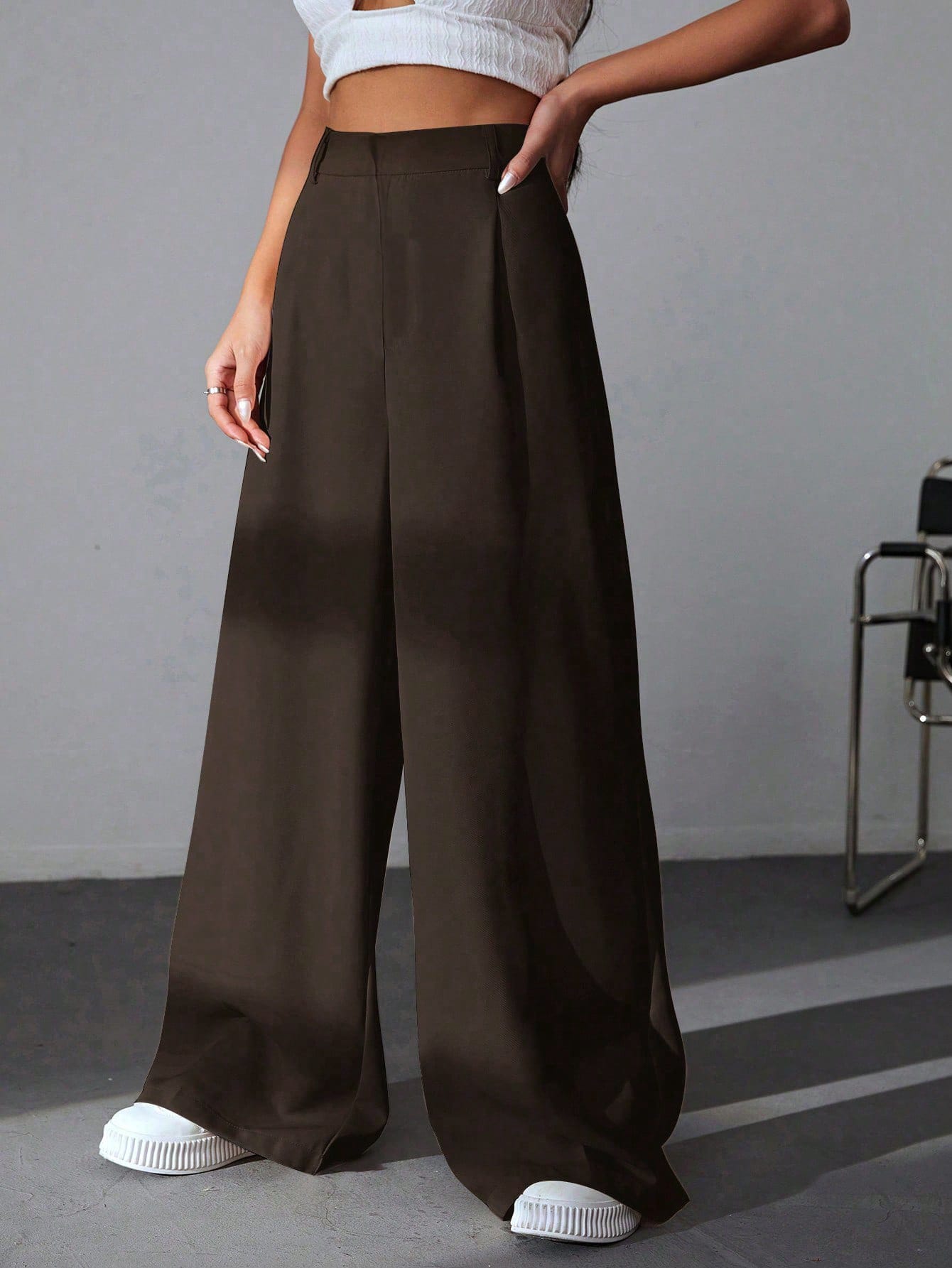 EZwear Pantalon Kaki Uni À Jambe Large — vue 14