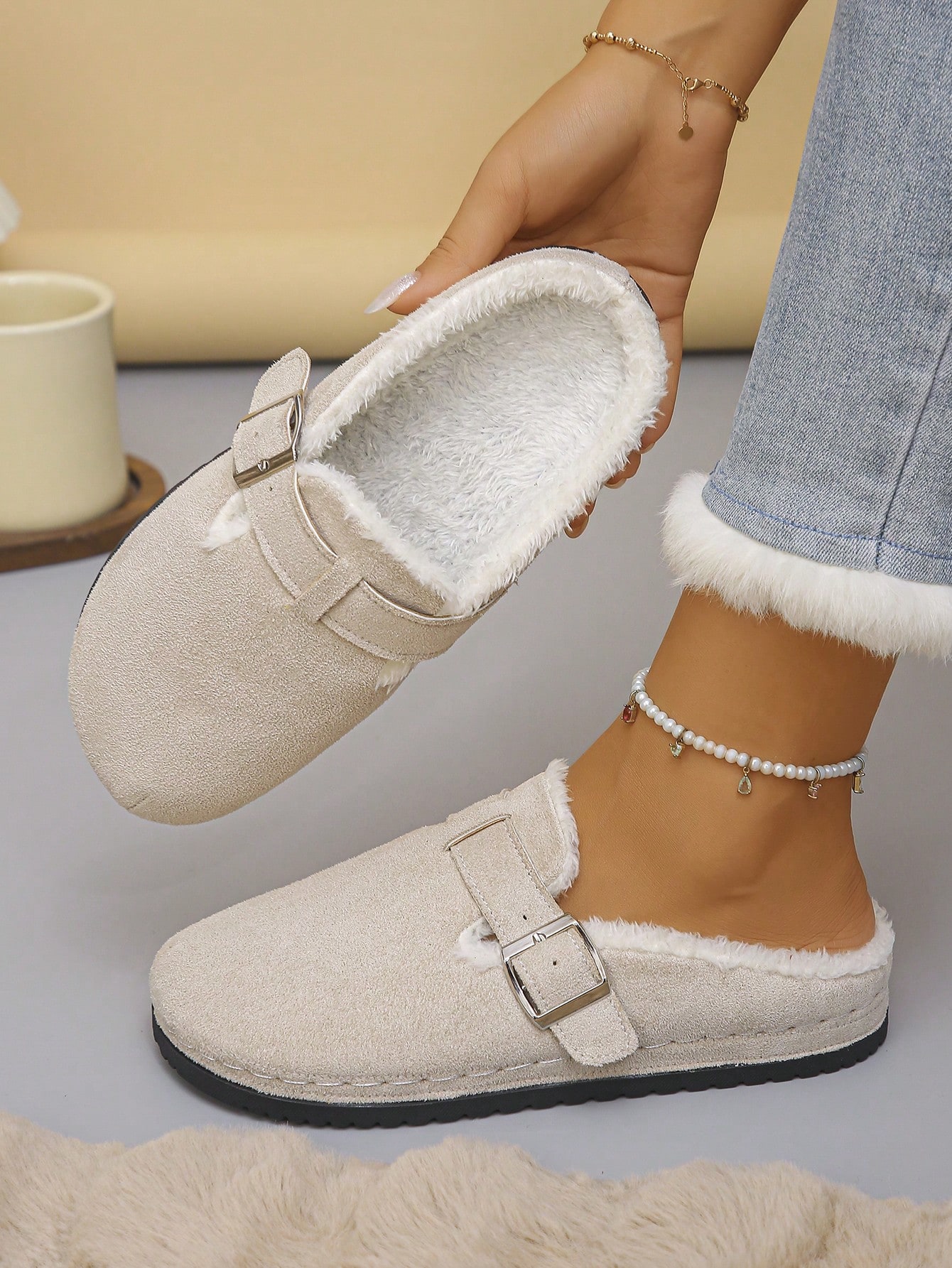 Nouvelles mules plates classiques de mode pour femmes automne/hiver, mules en daim beige — vue 6