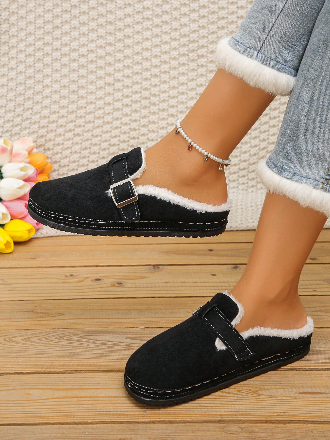 Nouvelles mules plates classiques de mode pour femmes automne/hiver, mules en daim beige — vue 10