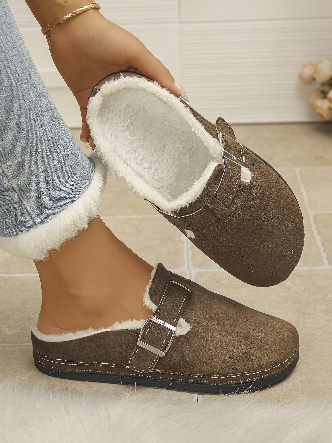 Nouvelles mules plates classiques de mode pour femmes automne/hiver, mules en daim beige — vue 9