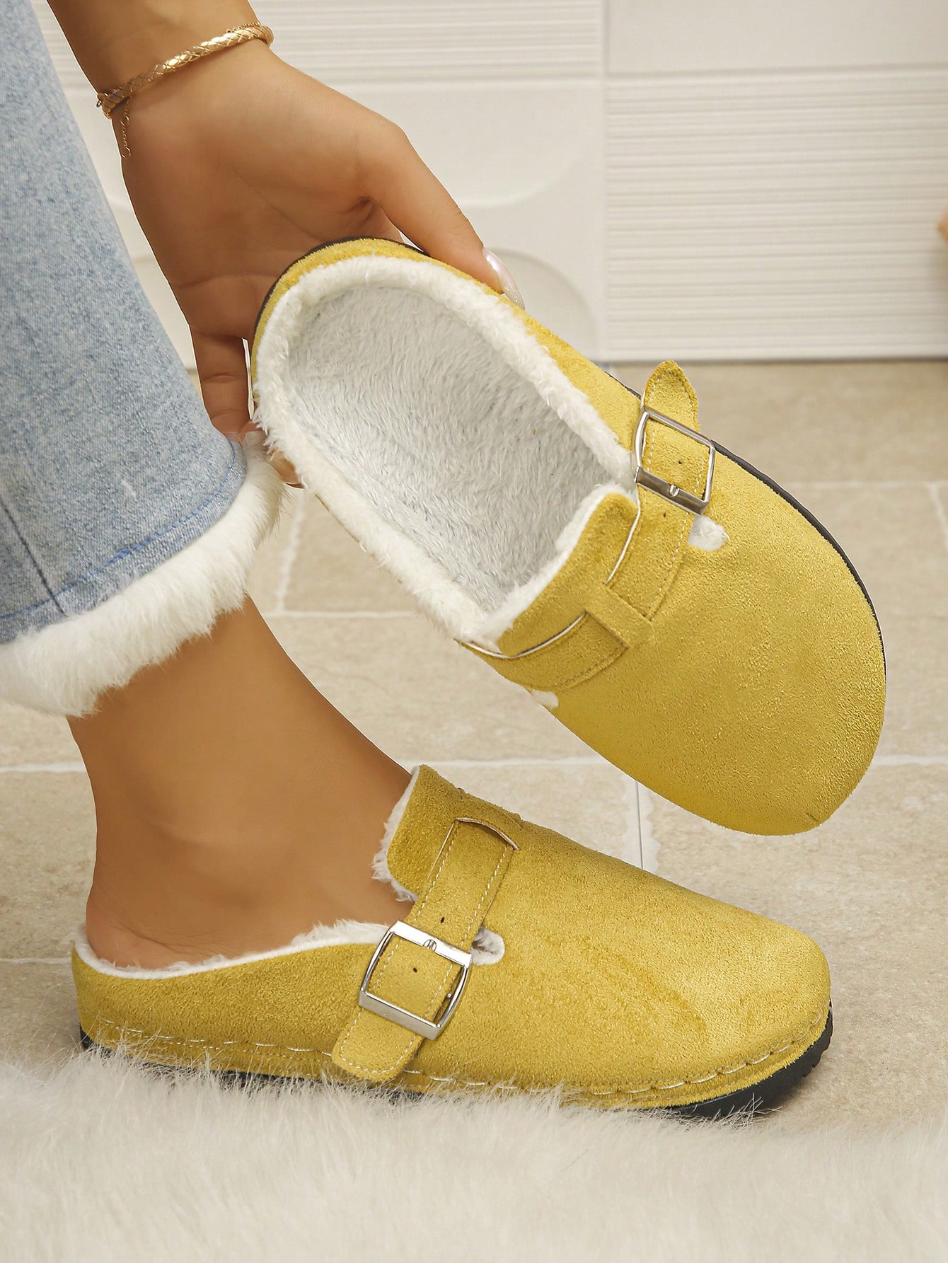 Nouvelles mules plates classiques de mode pour femmes automne/hiver, mules en daim beige — vue 7