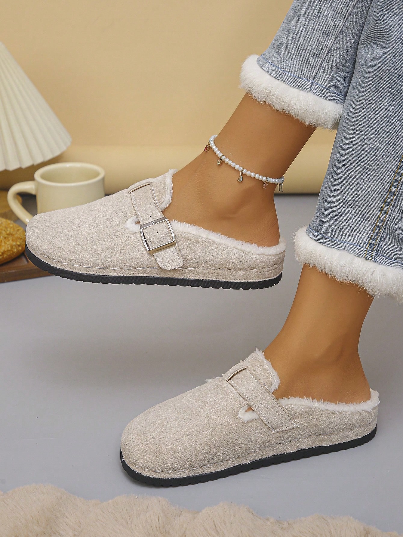 Nouvelles mules plates classiques de mode pour femmes automne/hiver, mules en daim beige — vue 11