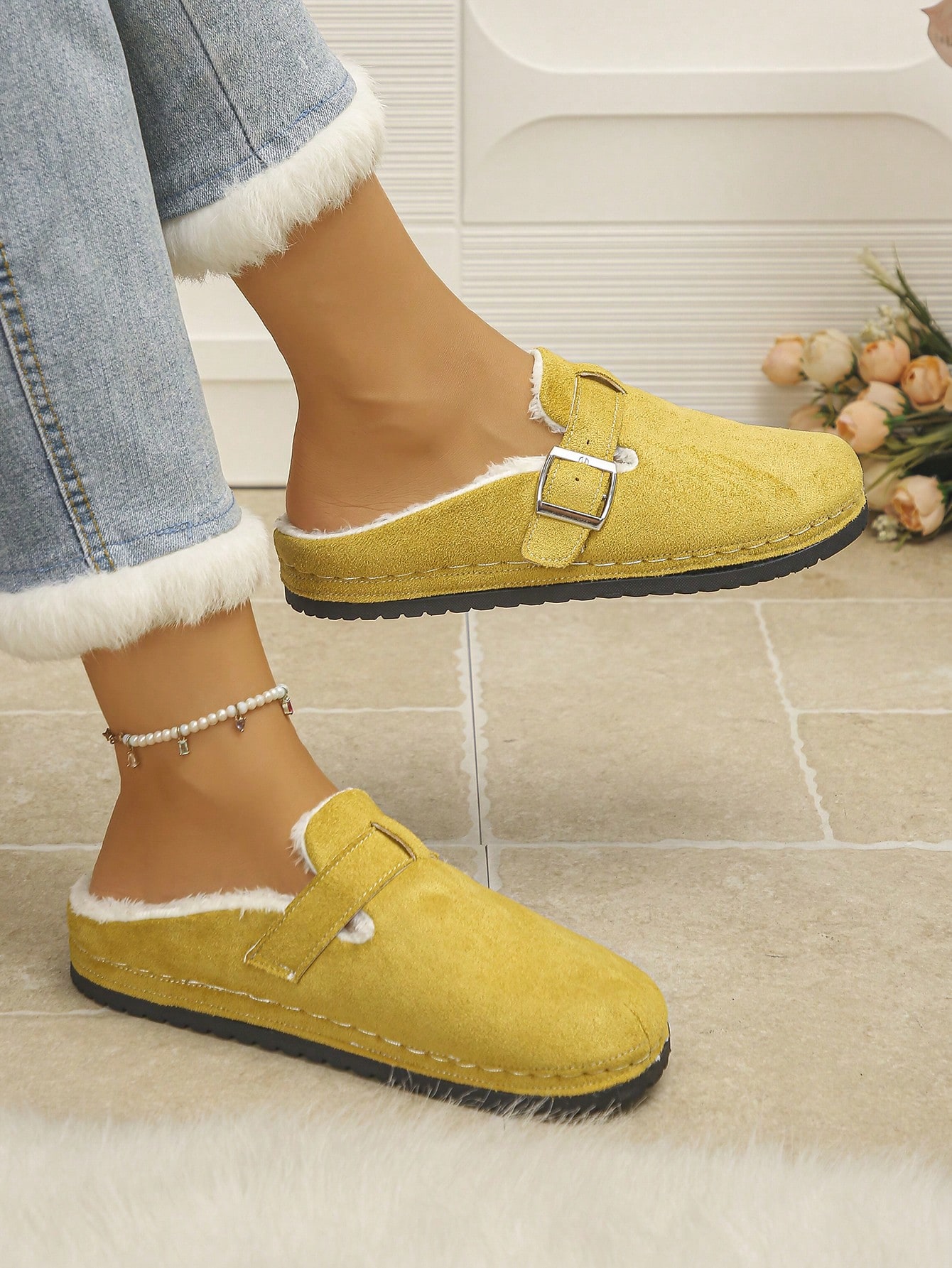 Nouvelles mules plates classiques de mode pour femmes automne/hiver, mules en daim beige — vue 12