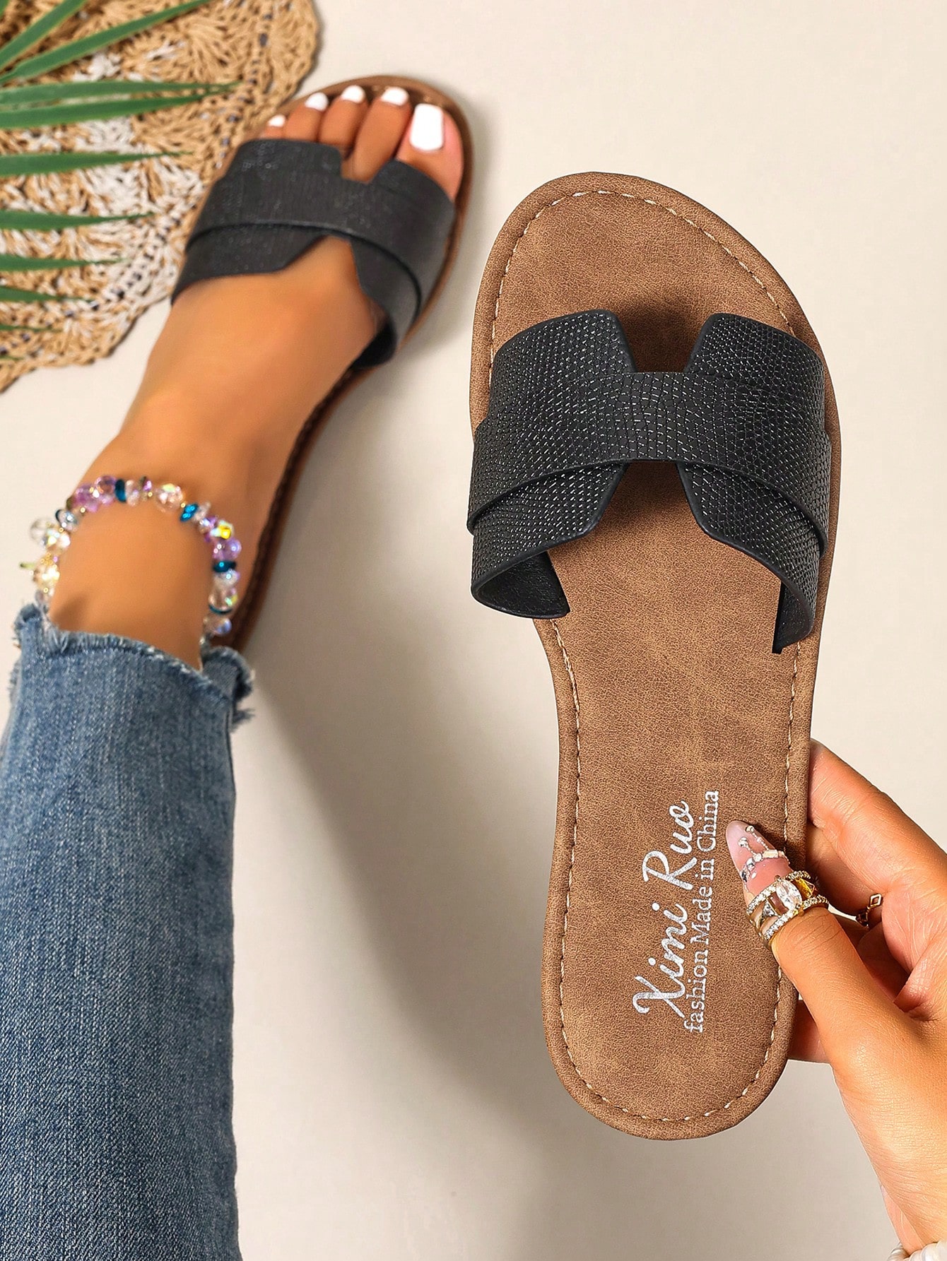 Ximi Ruo Chaussons plats décontractés pour femmes, sandales à bout ouvert de style — vue 4