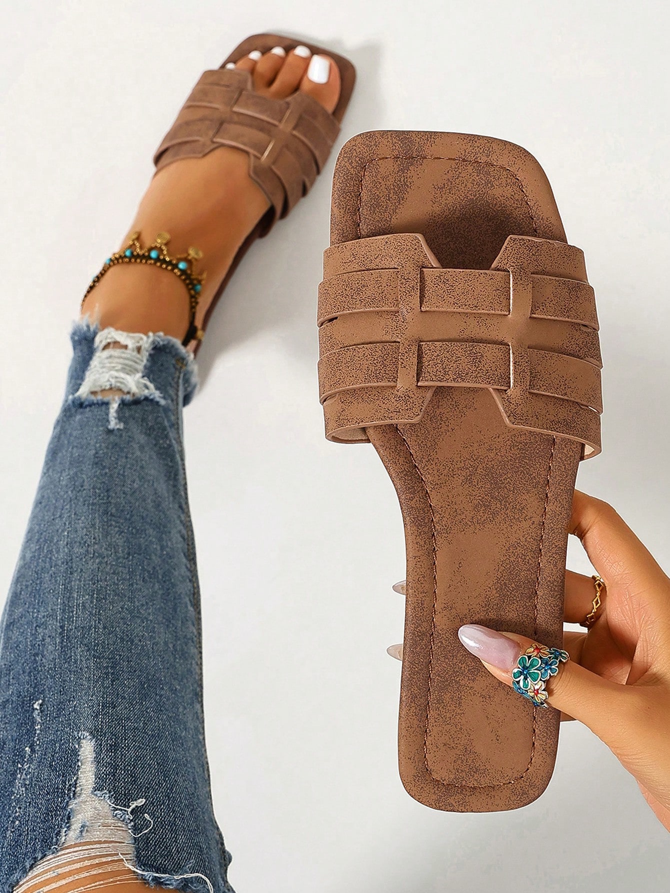 Ximi Ruo Chaussons plats décontractés pour femmes, sandales à bout ouvert de style — vue 3