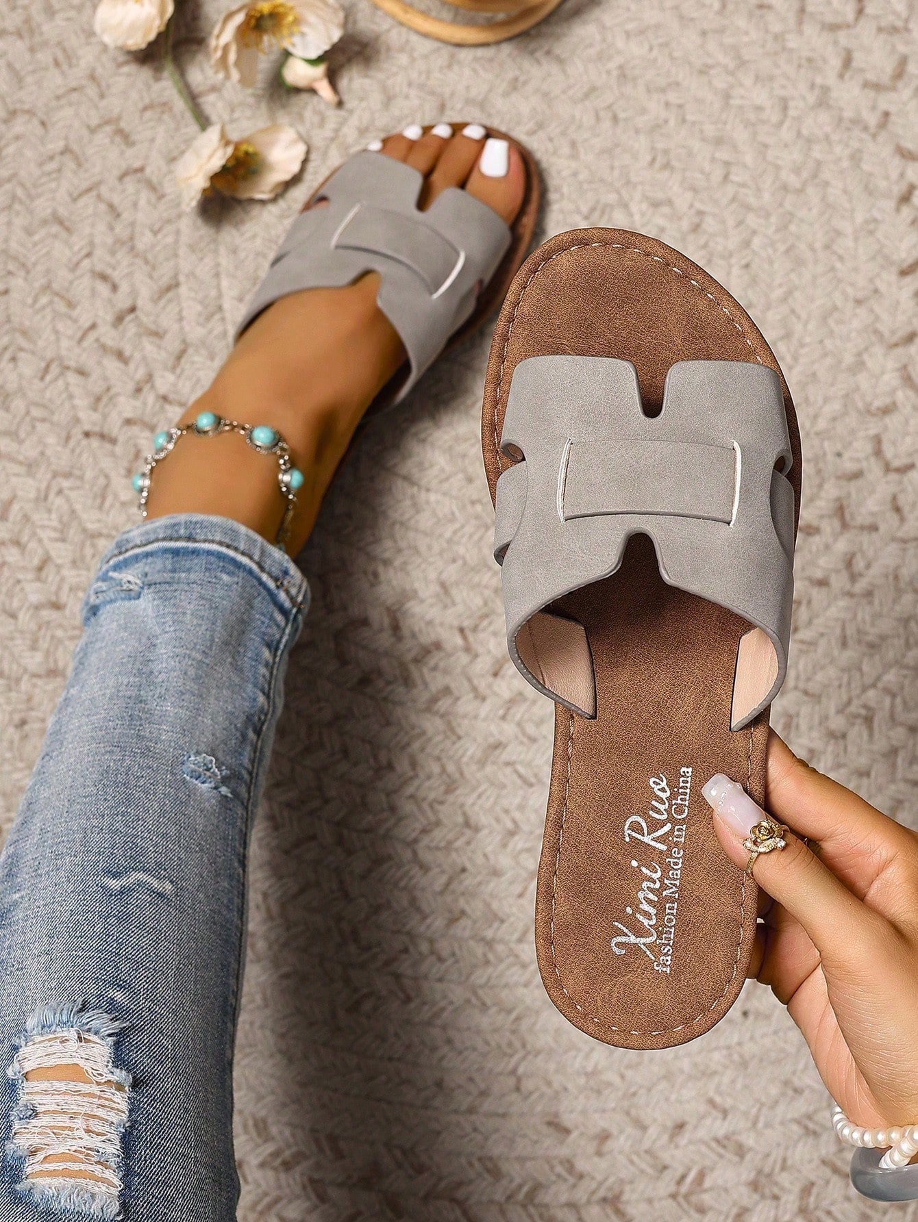 Ximi Ruo Chaussons plats décontractés pour femmes, sandales à bout ouvert de style — vue 8