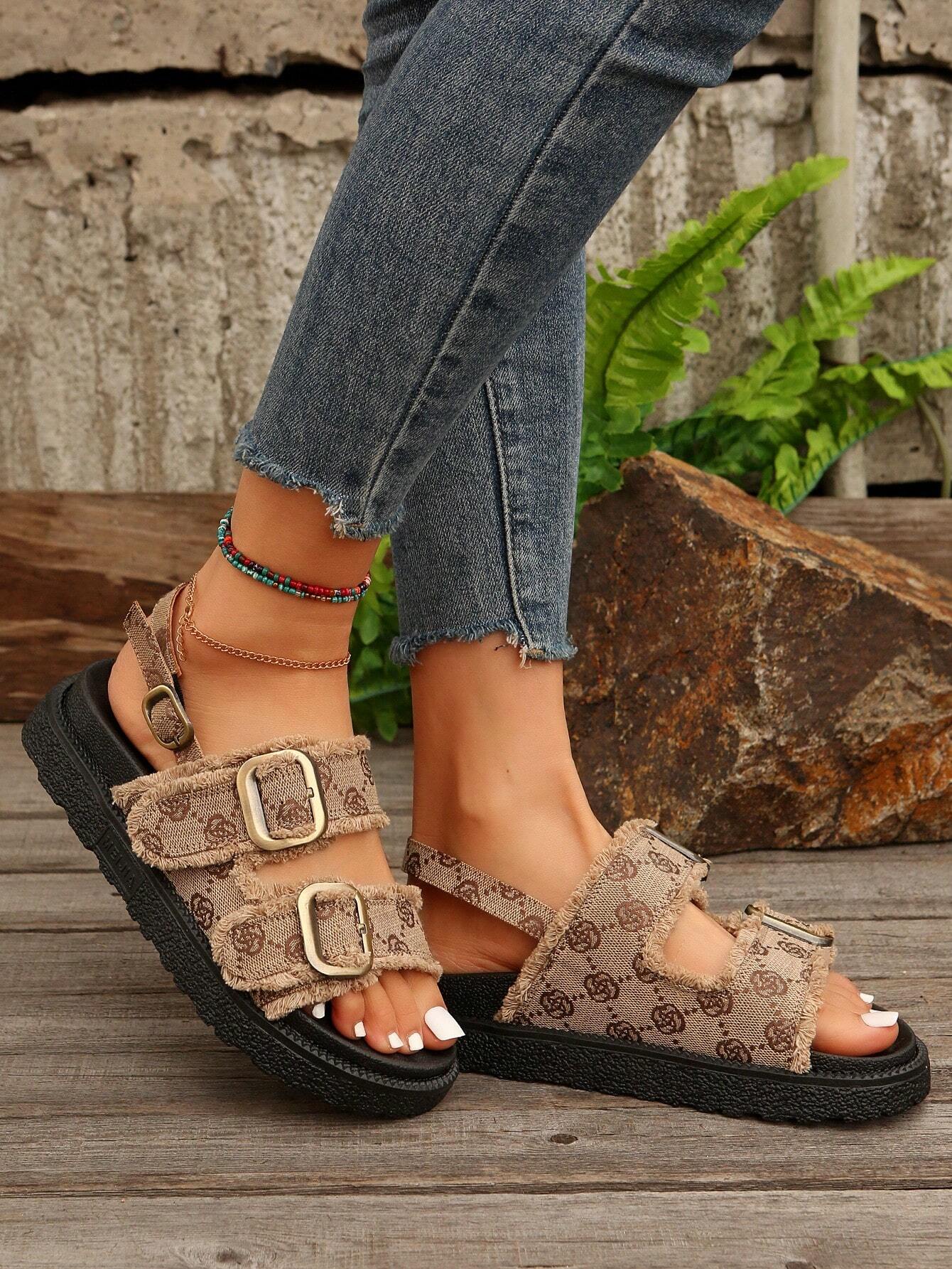Sandales compensées d'été bohèmes pour femmes avec imprimé, talon épais, garniture à — vue 11