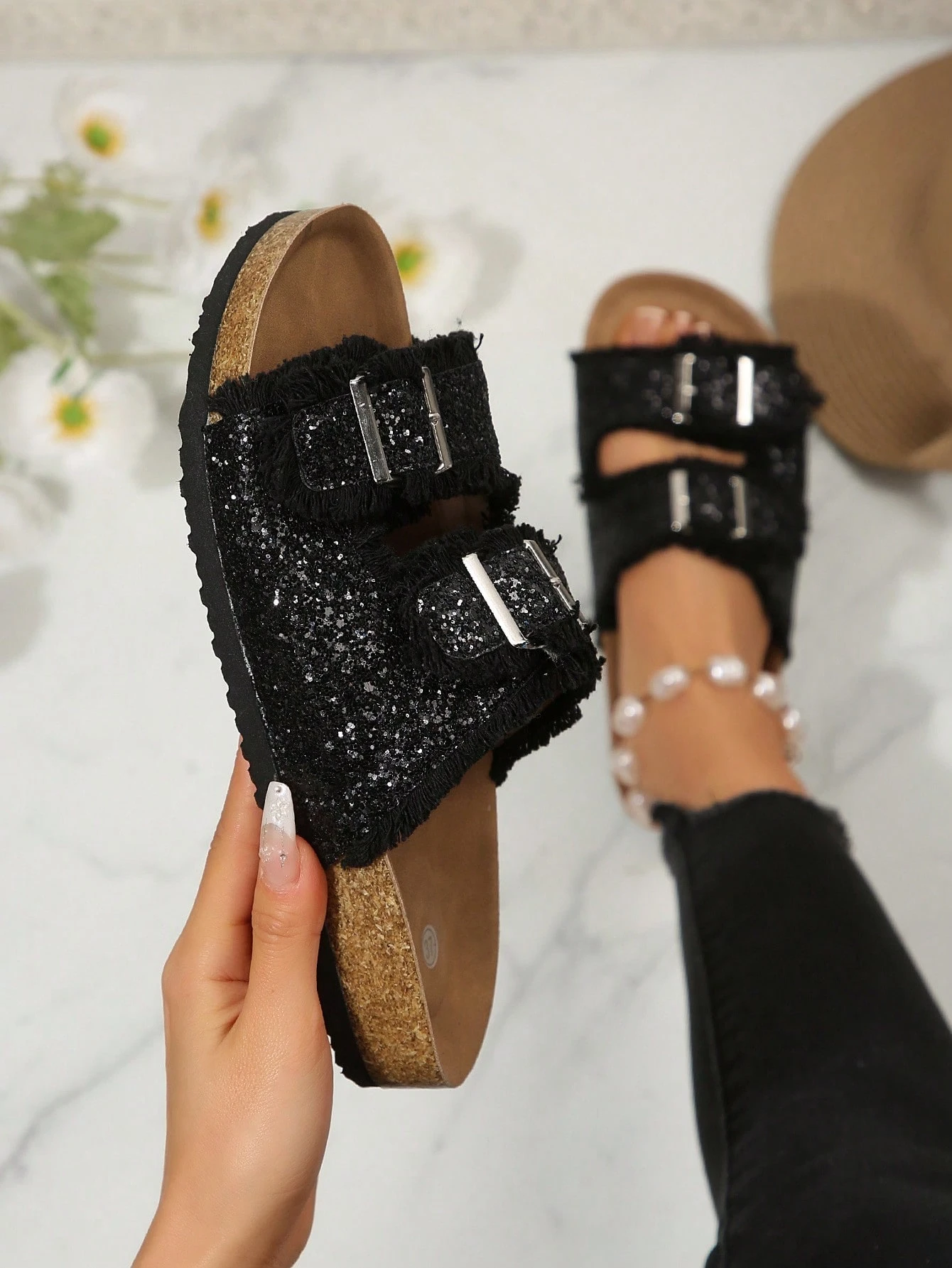 Sandales décontractées vintage de niche grande taille, pantoufles à double boucle à – doré et noir