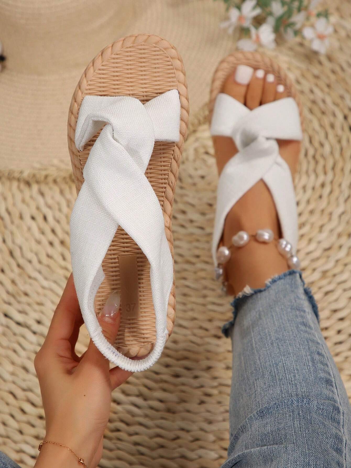 Sandales décontractées pour femmes avec brides croisées torsadées en tissu, tenues de — vue 6