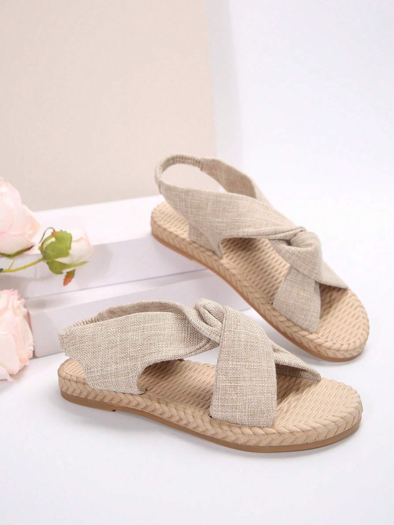 Sandales décontractées pour femmes avec brides croisées torsadées en tissu, tenues de — vue 7