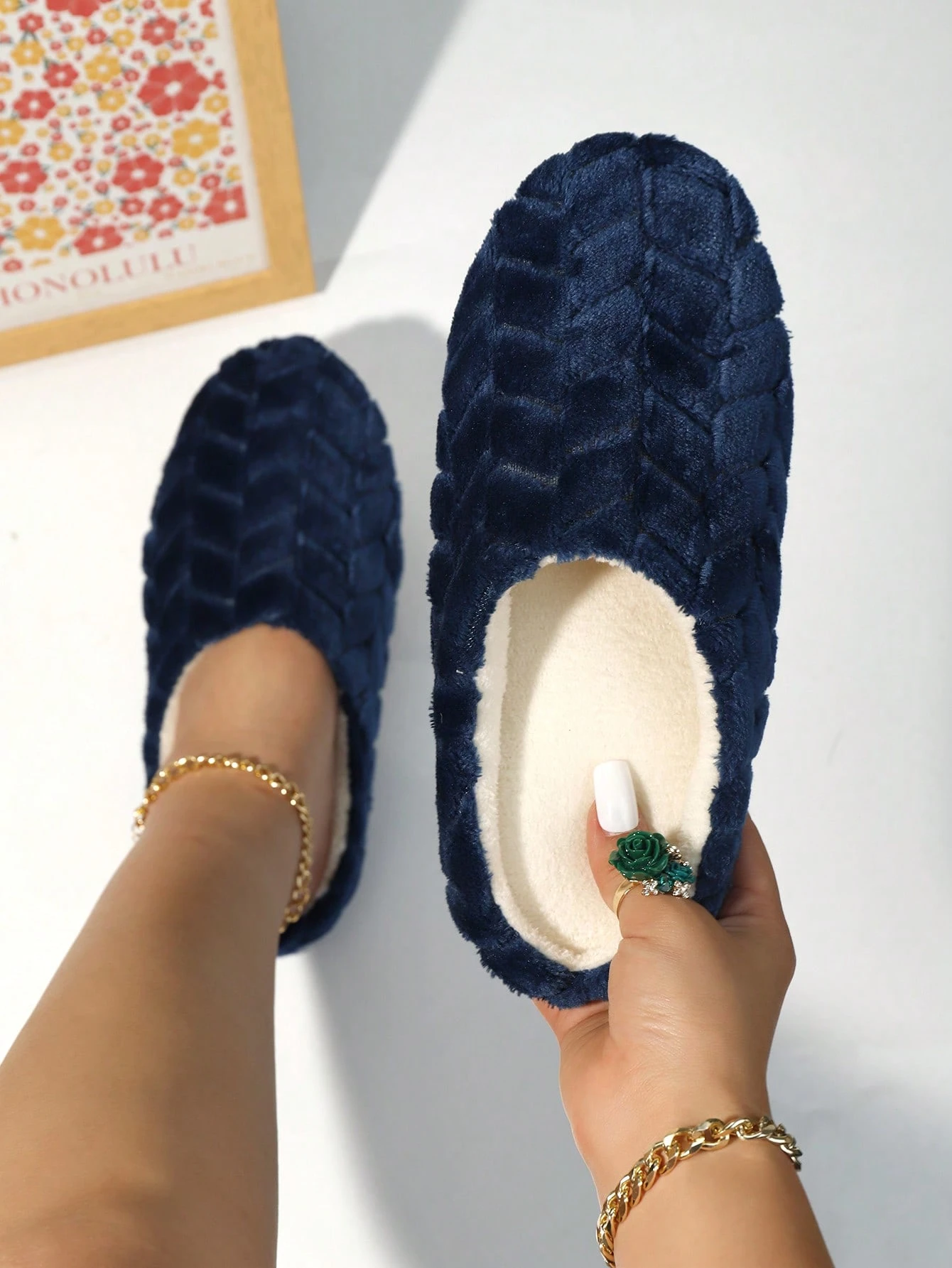 Chaussons de maison à carreaux moelleux et duveteux pour femmes, chaussettes de — vue 9