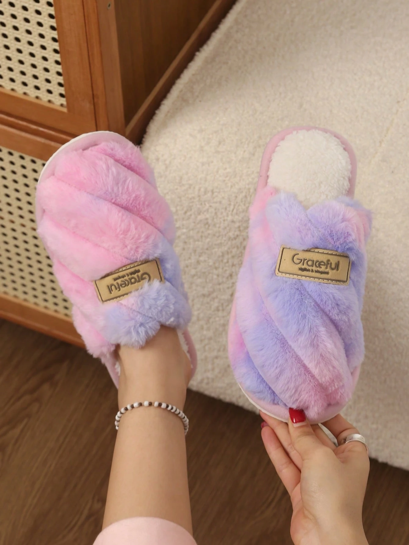 Pantoufles épaisses à rayures et lettres moelleuses pour femmes, chaussures d'intérieur — vue 6