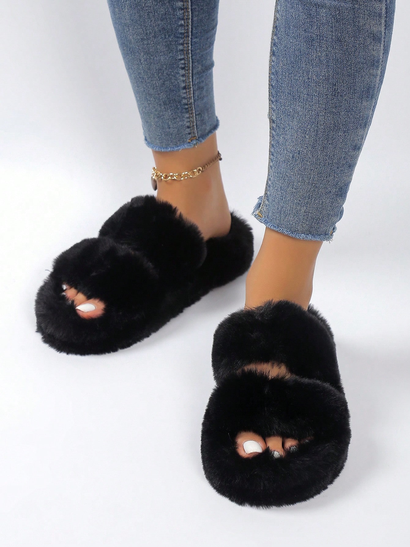 Pantoufles à double bride de couleur unie pour femmes en automne/hiver, sandales plates — vue 10