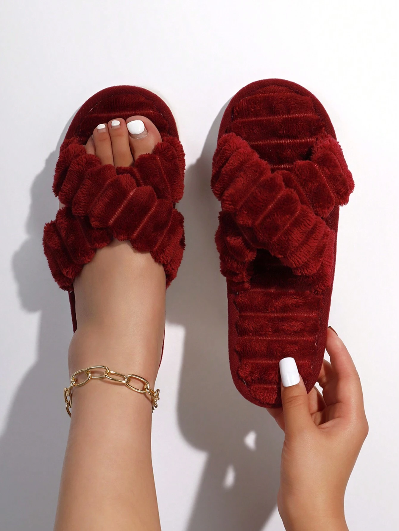 Pantoufles de maison femme mode automne/hiver à fausse fourrure moelleuse avec — vue 8