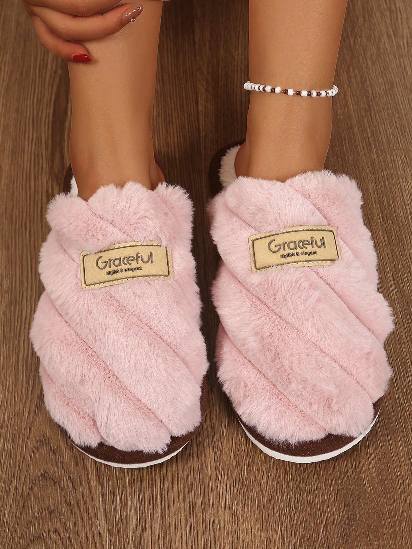 Pantoufles épaisses à rayures et lettres moelleuses pour femmes, chaussures d'intérieur — vue 15