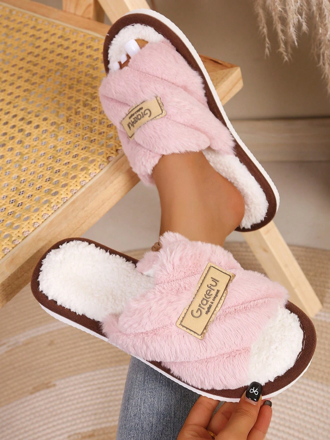 Chaussons classiques à larges rayures pour femmes, bout ouvert, en peluche, chaussures — vue 5